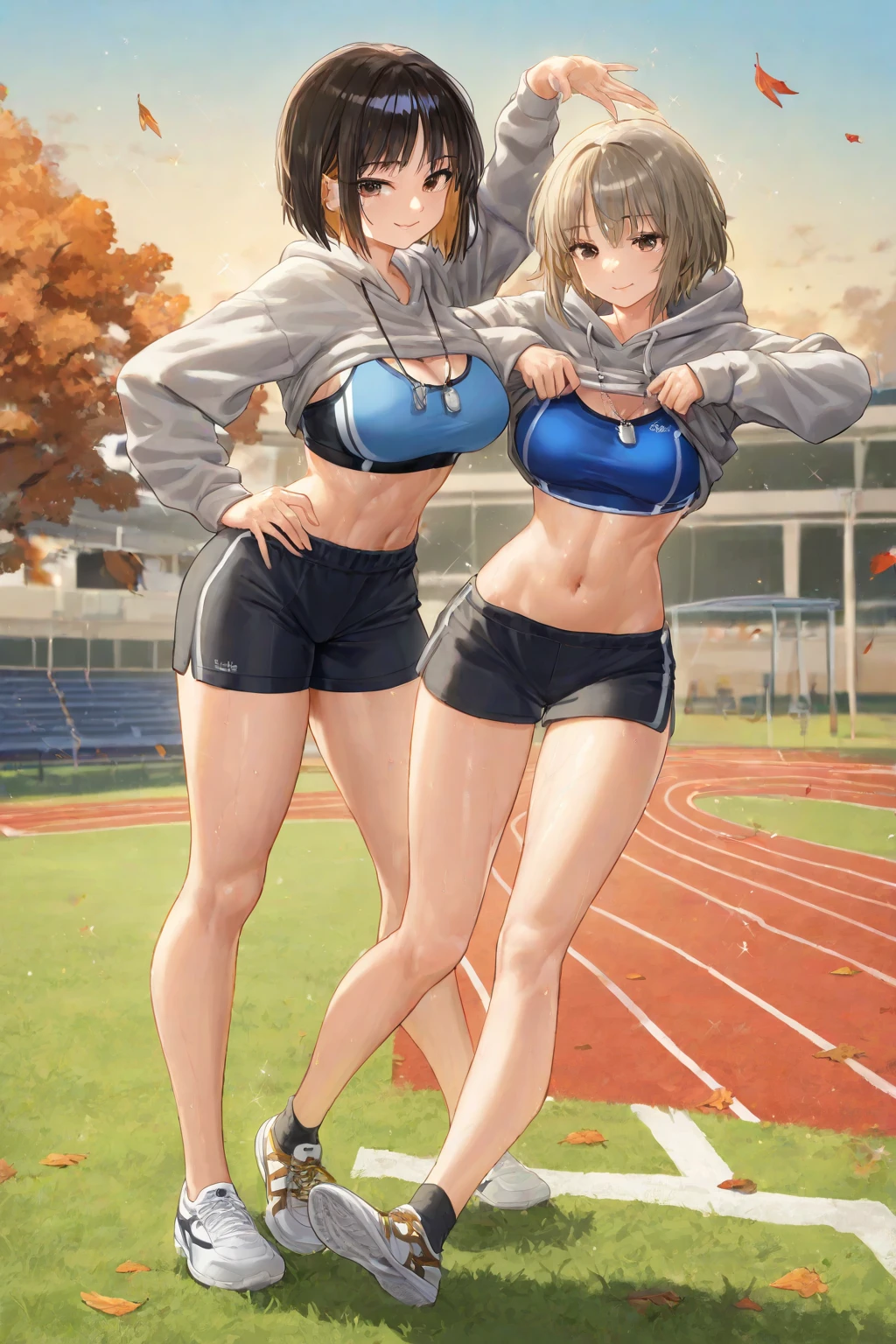 Multiple women with different hair colors,(Best Quality, 4K, 8K, hight resolution, masutepiece:1.2), Ultra-detailed, (Realistic, Photorealistic, Photorealsitic:1.37),２５age,(highleg,track and field,Separate Type), (Jersey jacket),a navel,groin,blush,Outdoor Stadium,夏天,cleavage of the breast,perspiring,Seductive thighs,Braided hair,Short socks,cowboy  shot