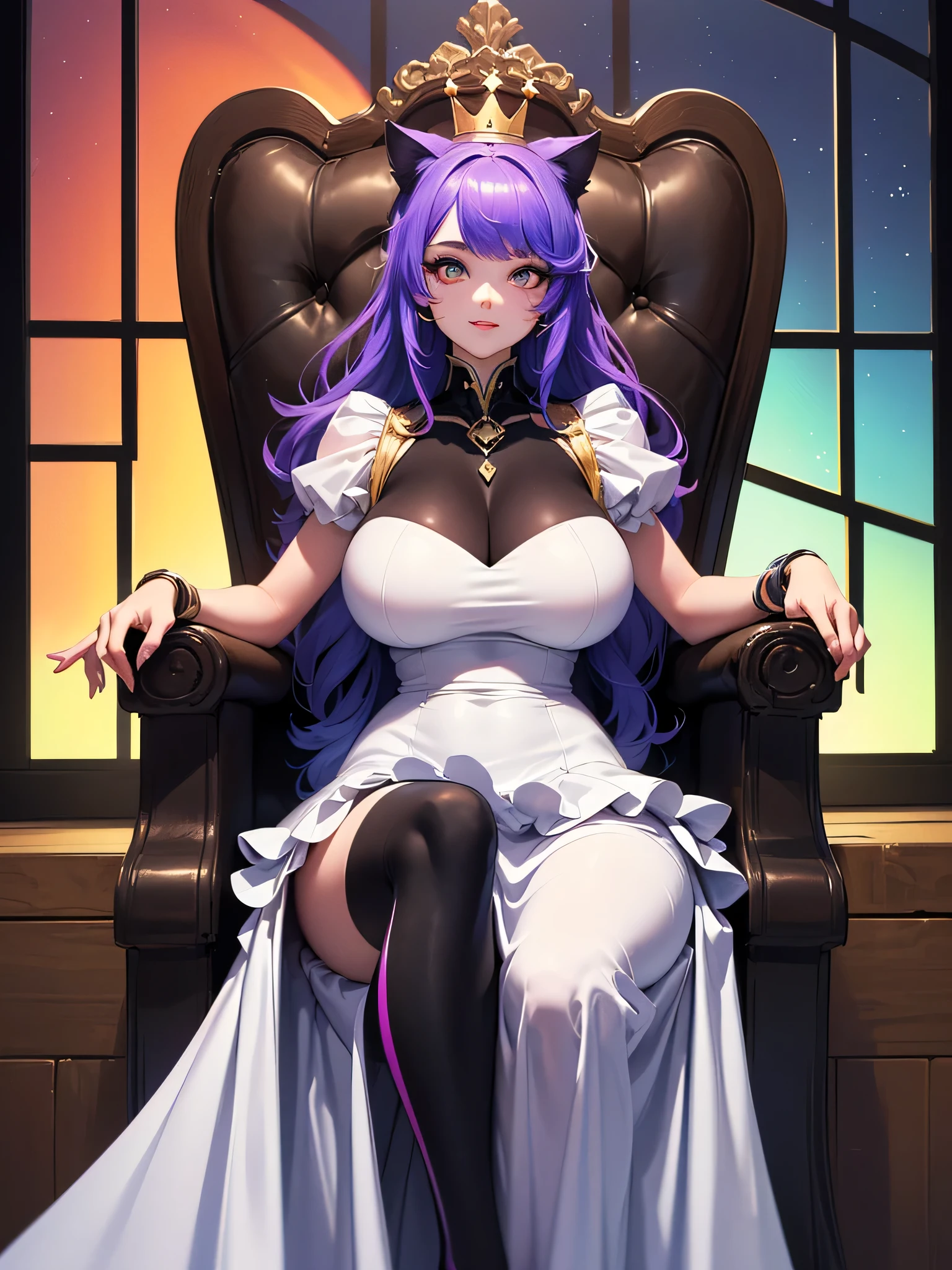Black long straight hair, hime cut,  elegant woman, noble woman, beautiful, female protagonist, bright purple eyes, manhwa, wicked smile, cunning, mocking eyes, playing chess, legs crossed, elegant dress, dark pallete, chess pov, 15 years old