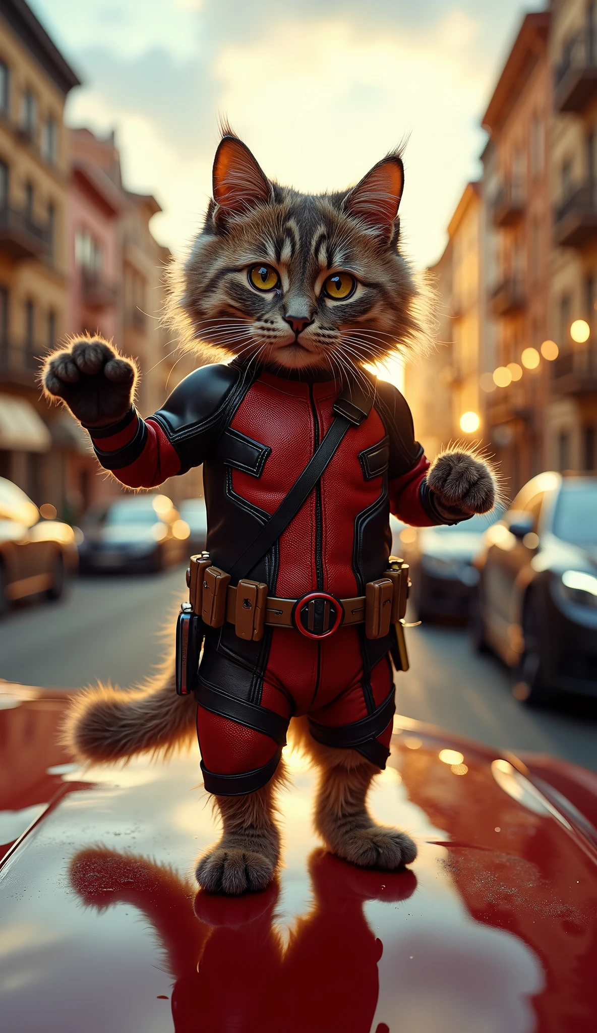 A hyper-detailed, ultra-realistic HD image of an adorable, fluffy cat wearing a perfectly tailored Deadpool suit — deep crimson red and jet-black panels with sharp white eye patches, leather texture, and fine stitching designed to fit feline anatomy, including small ear cutouts and a tail sleeve. The cat stands confidently on a sleek, shiny car hood, striking a playful superhero pose with one paw raised like a comic book action scene. The background is a breathtakingly beautiful city street during golden hour, bathed in warm sunlight with long shadows, reflecting off the polished surfaces of modern cars lined along the street. The scene includes detailed elements like reflections in car windows, soft clouds in the sky, and gentle wind ruffling the cat’s fur and costume. The atmosphere combines cinematic drama and whimsical cuteness, with perfect color contrast, high-definition sharpness, realistic lighting, depth of field, and an overall vibrant, eye-catching aesthetic worthy of a movie poster.