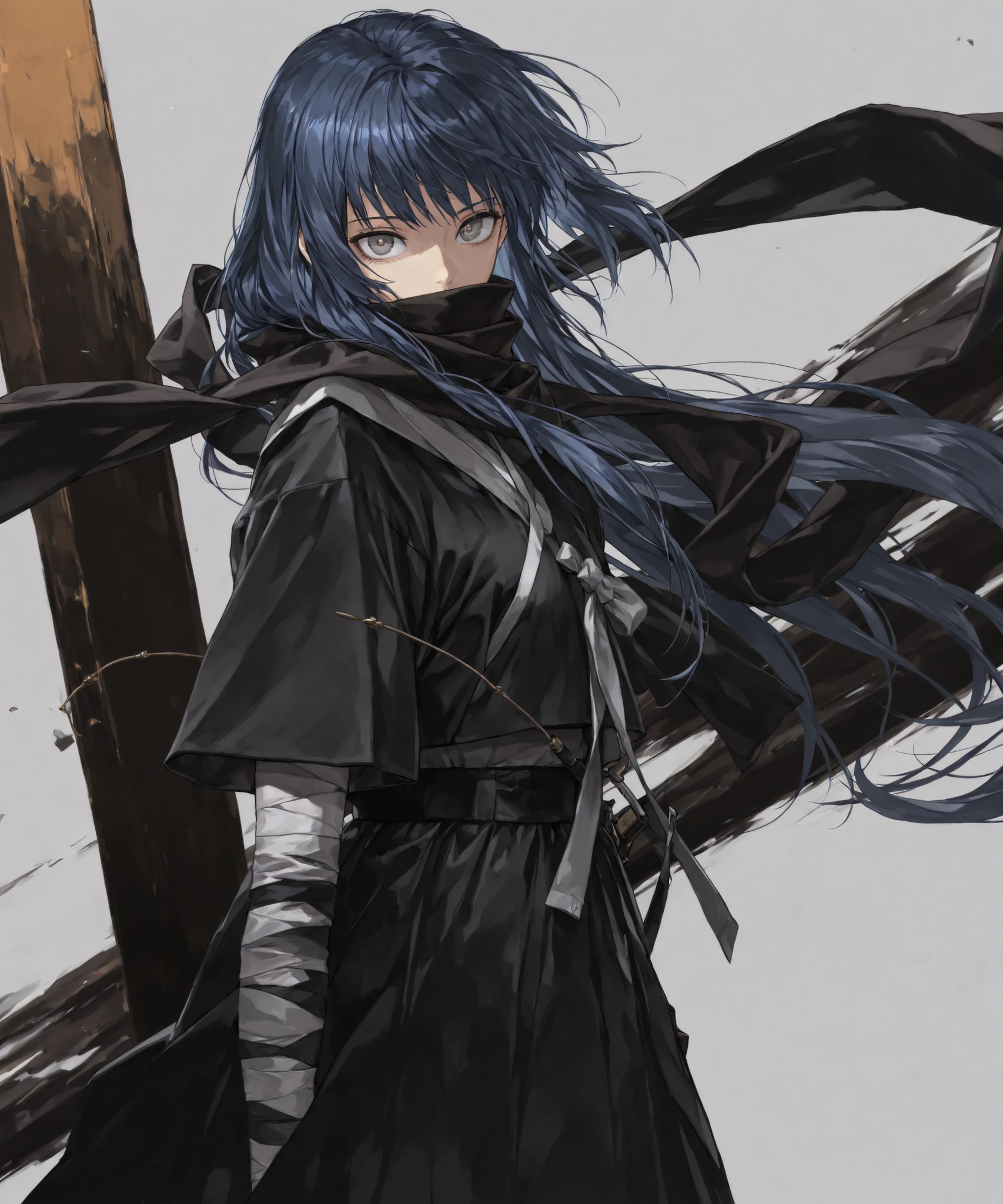 cheolrik,hanbok,wide eyes, (Solo leveling style, anime style:1.3), (looking at viewer, medium shot:1.22), (portrait, side shot, medium shot, three quarter shot:1.3), (1girl:0.95), solo, masterpiece, best quality, amazing quality, very aesthetic, high resolution, ultra-detailed, (soft shading, soft shadows, volumetric light:1.14), long hair, crazy laugh, Heishou pack, blue hair, ice white hair, gray eyes, covered mouth, Zilu, Ninja, assassin scarf in front of her mouth, 