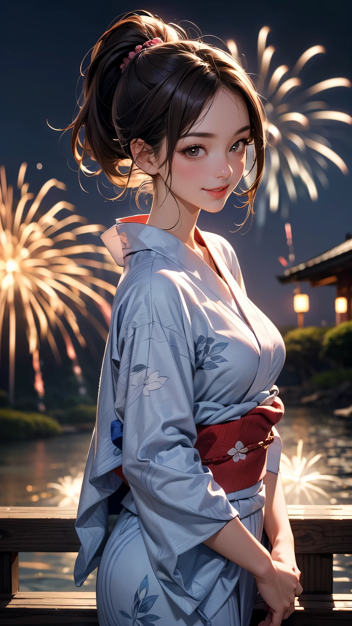 ((masterpiece, Highest quality, Super Definition, High resolution)), alone, beautiful girl, Shining Eyes, Perfect Eyes, 16 years old, Blue Theme, yukata, firework、Sexy proportions、Narrow waist、Delicate limbs、Sexy