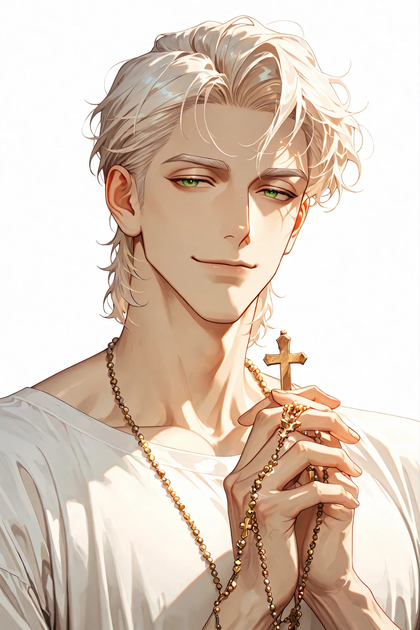 The handsome, mature Italian Korean adult male man with white blond hair and green eyes has a very gentle and gentle impression, is wearing a modern shirt with a smile and a skinny body., Holding a rosary, close-up, white background