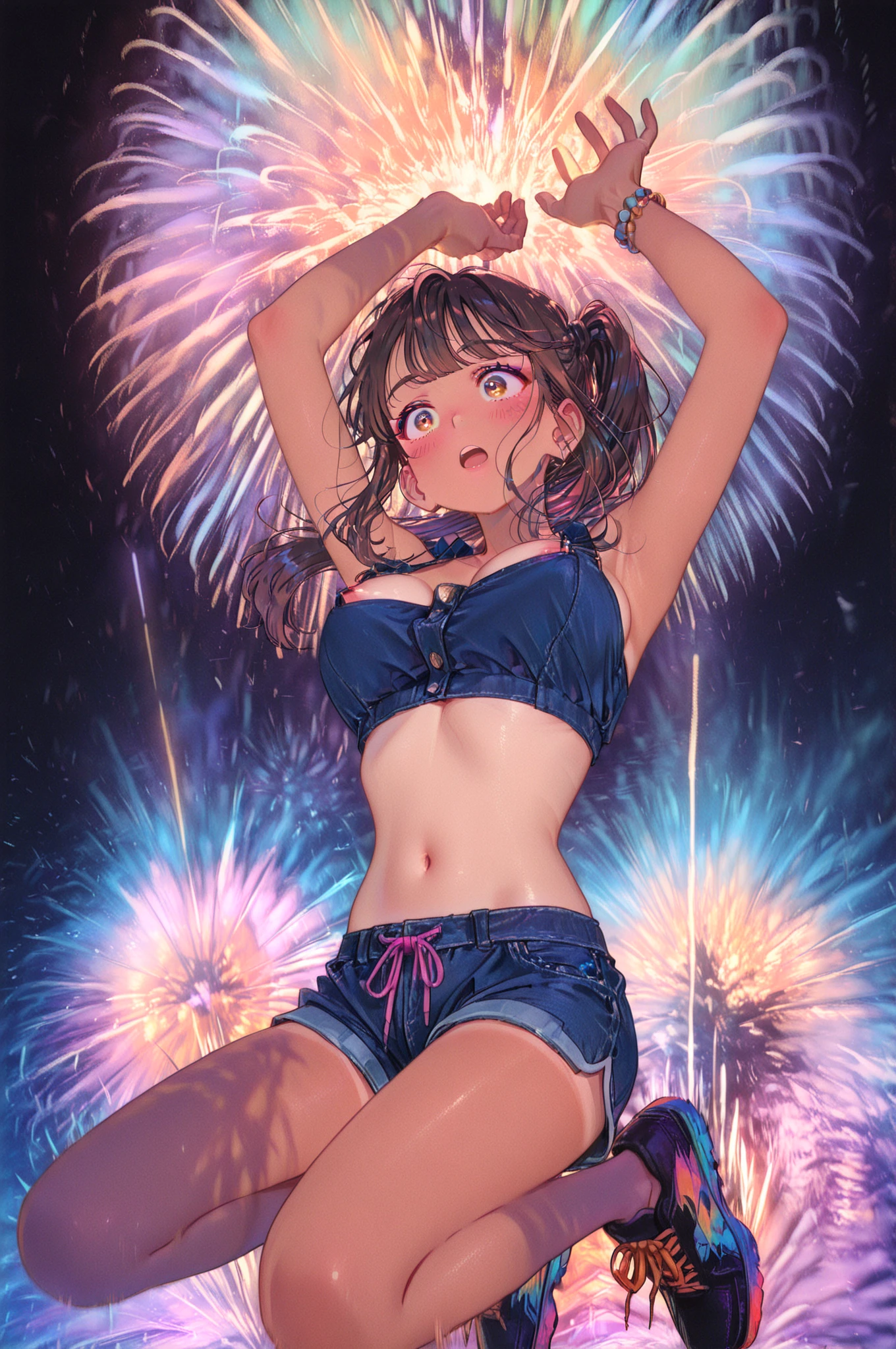 ((masterpiece)), ((best quality)), (ultra-detailed), ((sexy)), (ero), ((extremely detailed)), 4K, (8K), best quality, (beautiful), anime style, look up from below, focus on the face, beach, night, fireworks, a cute girl, 1girl, solo, micro-bikini, beautiful black hair, beautiful brown eyes, ((beautiful eyes)), white-skinned, ((slice bob hair)), middle breast, earrings, ((tsurime)), light smile, wind effect, reflection effect