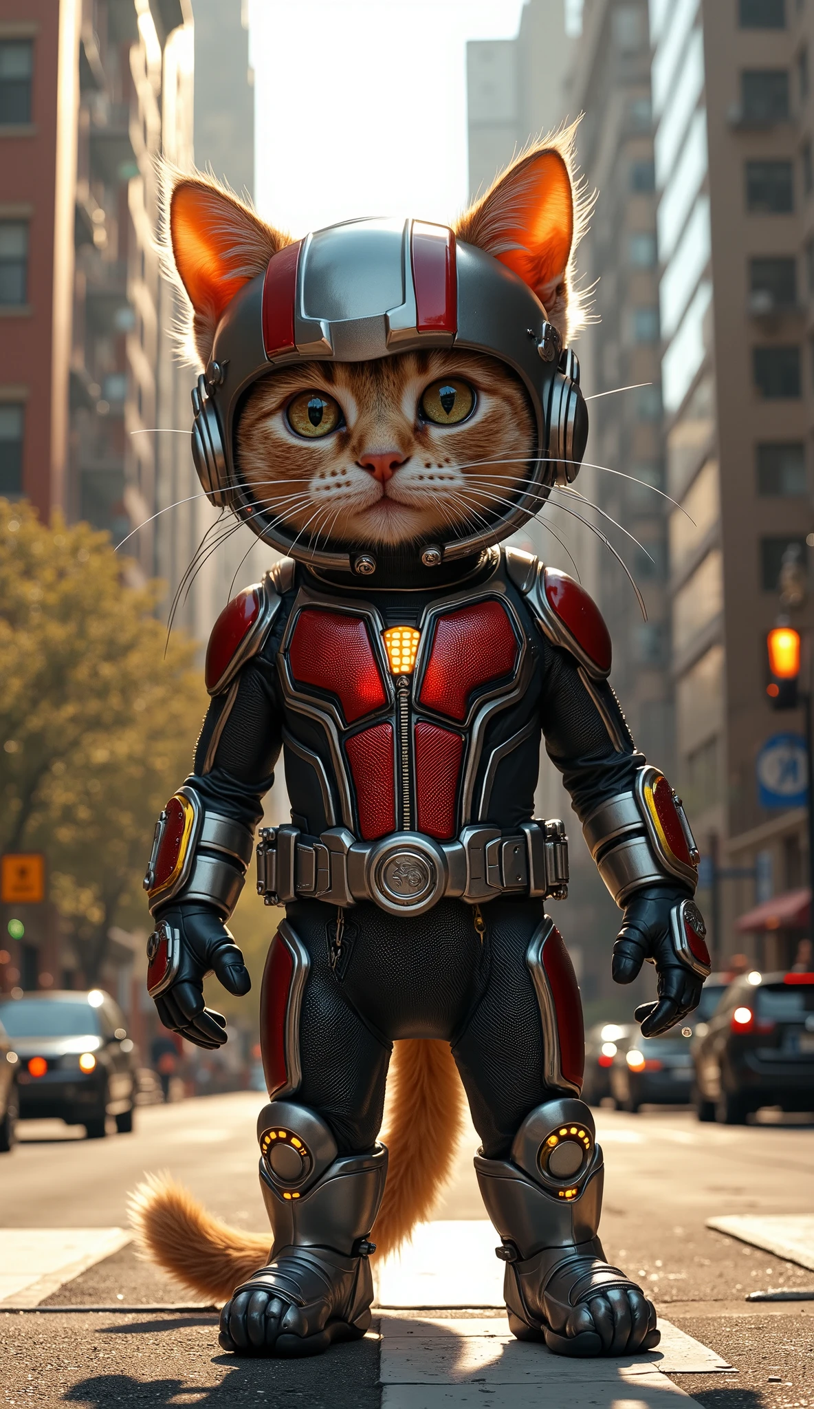 A highly detailed, ultra-HD image of an adorable cat dressed in a perfectly tailored Ant-Man suit — sleek metallic red, silver, and black armor plates with precise mechanical textures, glowing helmet lenses, and tiny intricate details adapted for feline anatomy, including ear-shaped helmet cutouts and a segmented tail guard. The scene is set on a lively, photorealistic city street with tall modern buildings, parked cars, pedestrians in the distance, and warm afternoon sunlight casting realistic shadows. The perspective shows two versions of the same cat — one in normal size standing heroically on a crosswalk, and a gigantic, towering version of the cat looming over the street, playfully peeking between skyscrapers. The larger cat’s size creates dramatic scale, with reflections visible in glass windows and cars dwarfed beneath its paws. The image is vibrant, cinematic, and filled with sharp textures, lifelike lighting, depth of field, and a mix of epic superhero energy and irresistible cuteness.