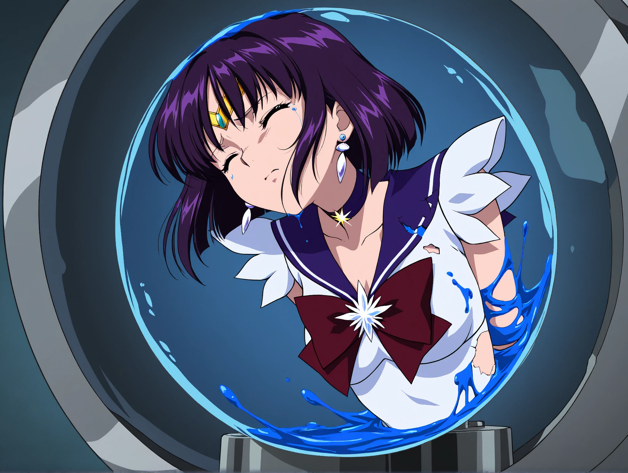 A girl screaming about having too much power, her eyes are red and she cries, long black hair with bangs, red electricity around you, and everything is destroyed behind her.