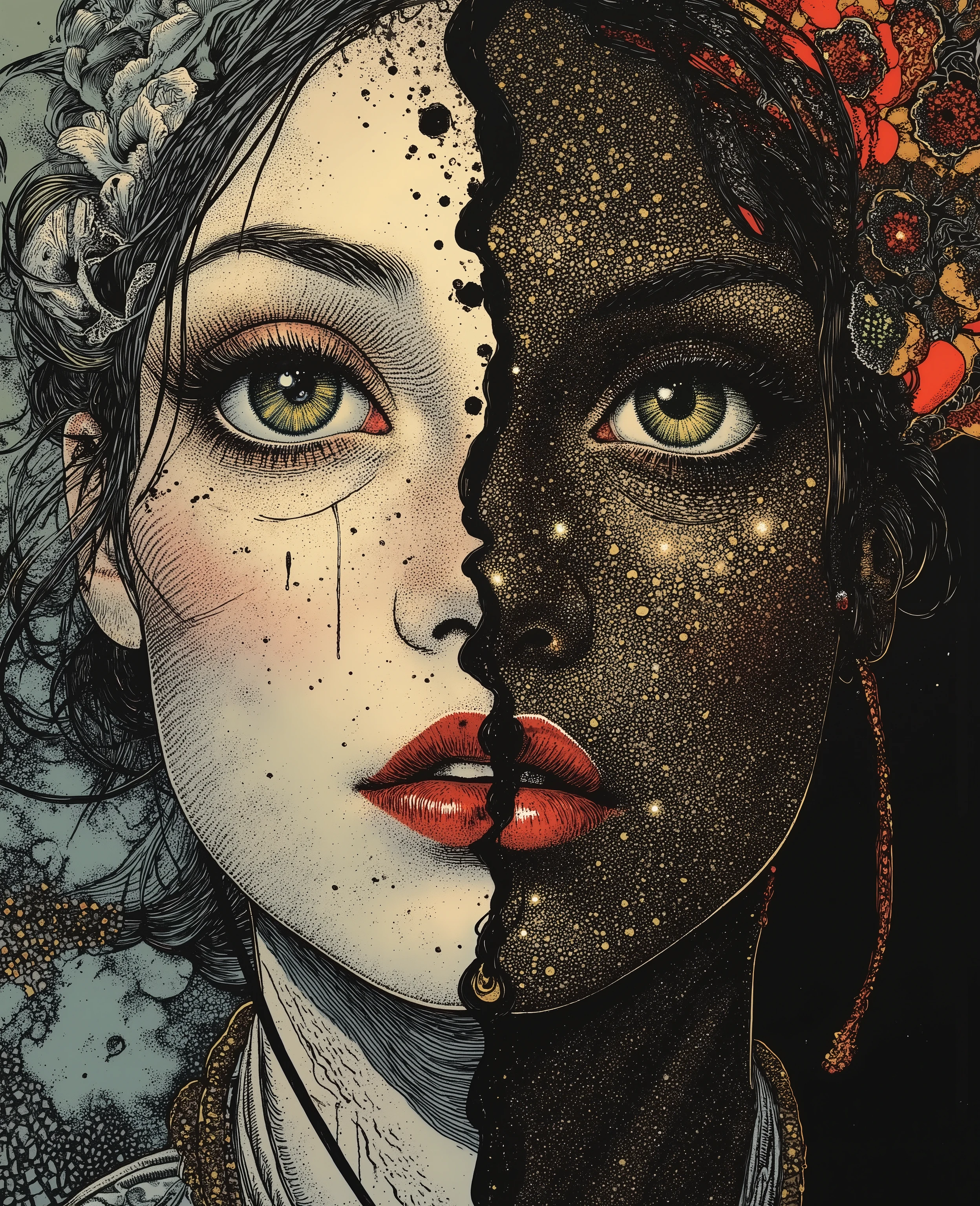 Oil on canvas, (is looking in the mirror outside the mirror of the old woman's face and in the mirror of the young woman's face), close-ups, showing the relentlessness of the years and the changes, but every woman will only remember her younger self, black ink drips, glossy drips of flowing ink, bubbly churning abstract flowing liquid watercolor, mixing colorful watercolor, antique vintage magazine layouts, abstract dark fashion, modern fashion magazine covers, glossy glittery water , hyper realistic detail, hyper realistic gorgeous intricate detail photo,