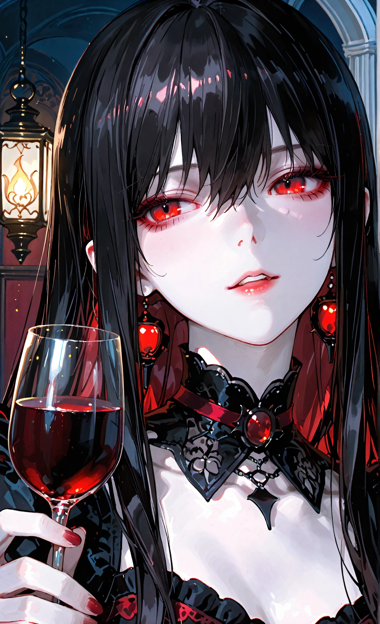 Arafed, dark fantasy art, glamour shot, award winning shot, photorealistic, a portrait of a female vampire drinking a ((glass of blood)), dynamic hair color, dynamic hair style , long hair, red lips, (glowing eyes: 1.5), dynamic eye color, dynamic color, she wears, an elegant (black dress: 1.5), catholic church and altar background, bar background, 16k, ultra detailed, masterpiece, best quality, (extremely detailed), rpg portrait, art by mooncryptowow, photograph