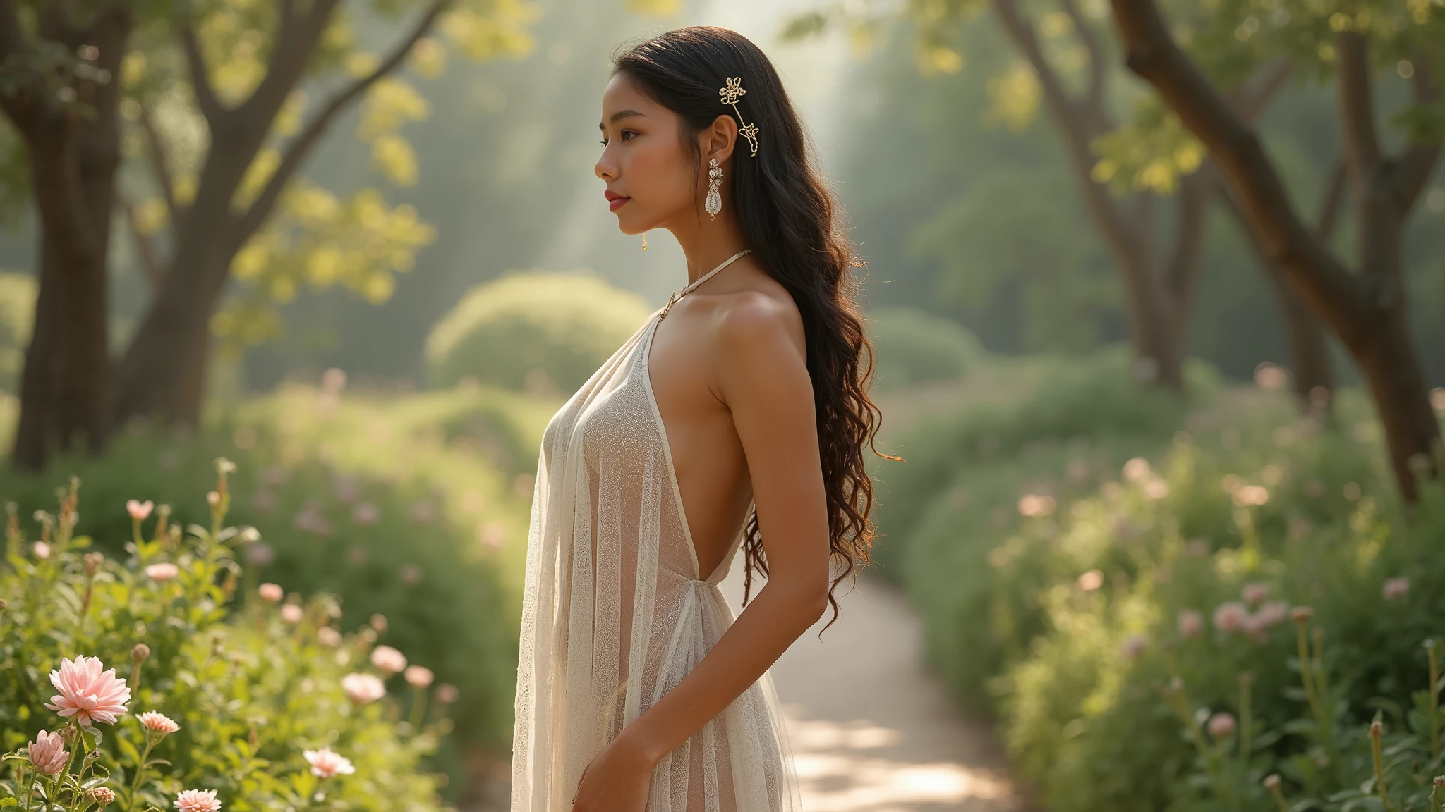 Une femme de 19 ans nue, dans un jardin, atmosphère divine , large breast, transparent:0.1 shift dress, half body thigh level medium:1.6 shot. mid-ground:1.8 portrait