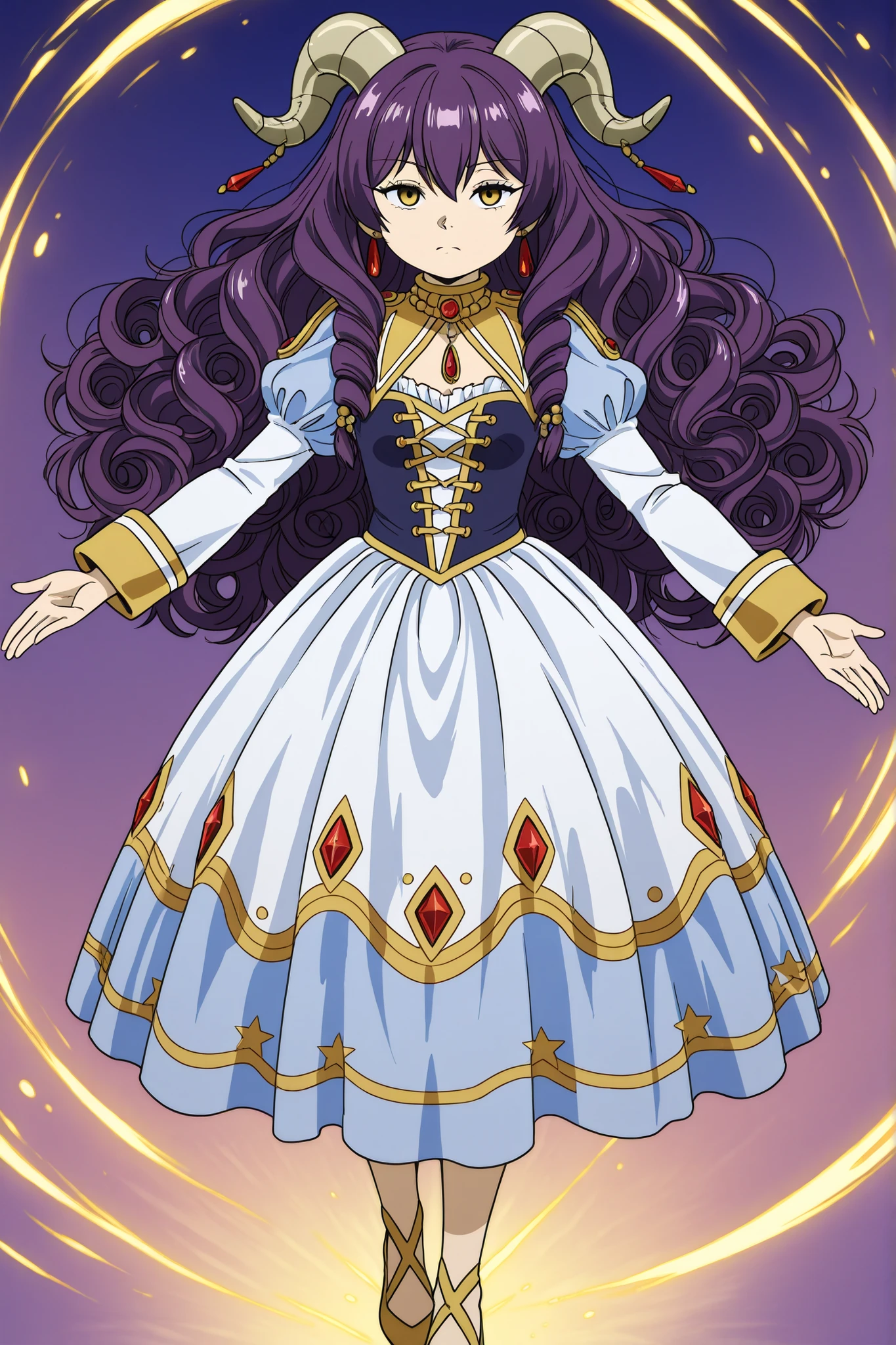 Young female character, preteen or early teen age range, with dark curly, voluminous hair styled in swirls, and two prominent, golden-yellow ram horns. Intense, expressive dark yellow eyes, with a slightly stern, or possibly mischievous, expression. A small, pointed chin, and a slightly downturned mouth. The character wears a deep purple, flowing dress, reminiscent of a jester's costume. The dress has a yellow, star-shaped decorative motif at the bodice and star-shaped decorative motifs throughout the skirt. The skirt is detailed with a series of ornate, patterned, and detailed, pointed, triangular cutouts at the bottom, along with decorative beads/ornamentations in lighter purple and translucent colors. The character's attire includes a pair of dark purple, pointed-toe shoes, with small golden accents/decorations. The overall color palette is vibrant, with dark purple, light violet, gold accents, and light gray tones, in a stylistic and colorful composition. The character's body language conveys a sense of mild defiance or determination. She appears to be floating in mid-air, with arms outstretched in a slightly open-handed pose, displaying an almost theatrical or posed demeanor, likely in a cartoon, anime, or manga style. The background is pure black, with no other elements. The style is reminiscent of anime character design. The details are meticulously rendered, with smooth lines and a distinct digital illustration style. The image is well-composed, with the character as the focal point, the perspective is a standard full-body image, with a close-up view and clear lighting. The lighting focuses on the character, creating a bright and clear visualization. The mood is energetic and slightly mischievous.,,,Frieren Anime Style, cute