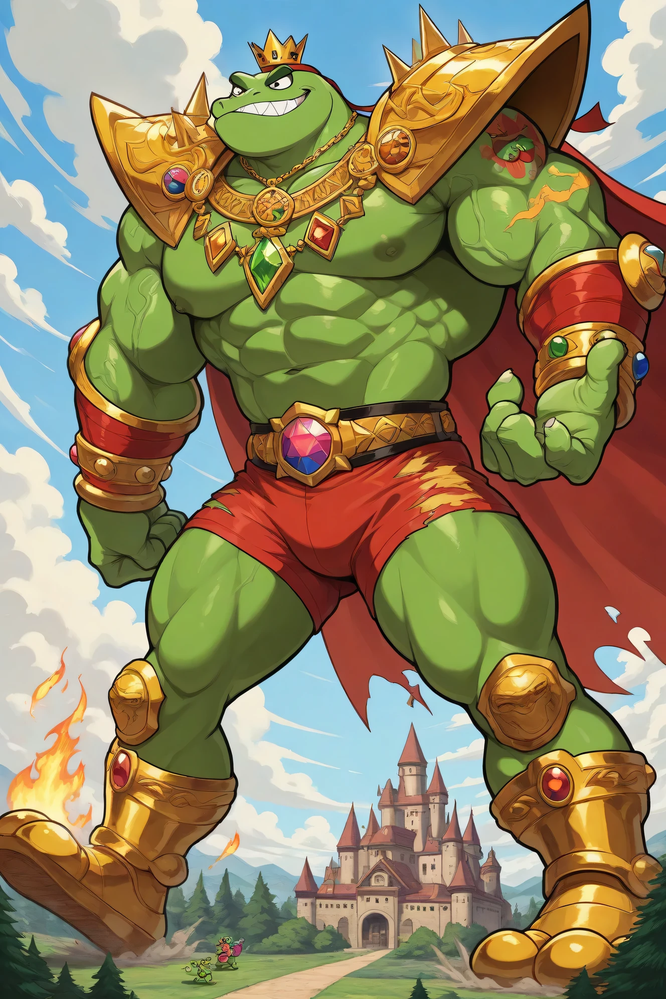 A green giant cartoon 2d frog king, gigantic chin, biggest muscular body, ginomous biceps enormous pectorals, detailed abs, golden armor with colorful jewels, golden bracelets with colorful jewels, golden necklaces with colorful jewels, golden chest with colorful jewels, golden wrestler champions belt, Red headband. Golden wrist tape. Golden elbow pads, Golden kneepads, ripped orange shorts, tattoos and scars, veins, bigger cartoon yellow frog eyes, green skin golden king crown with jewels, saturaded green skin, big frog feets, big frog hands, golden saldals, wearing a ripped very long red cape, powerful smile expression, feral, smug, dark green eyebrows, sharp teeths, castle and village background, trees, blue sky and clouds background, full body, macro size, giant size, 50-foot size, 100 feet tall, powerful muscles, veins, fire tattoos, saturaded colors palette, fairytale fantasy scene, dynamic angle.