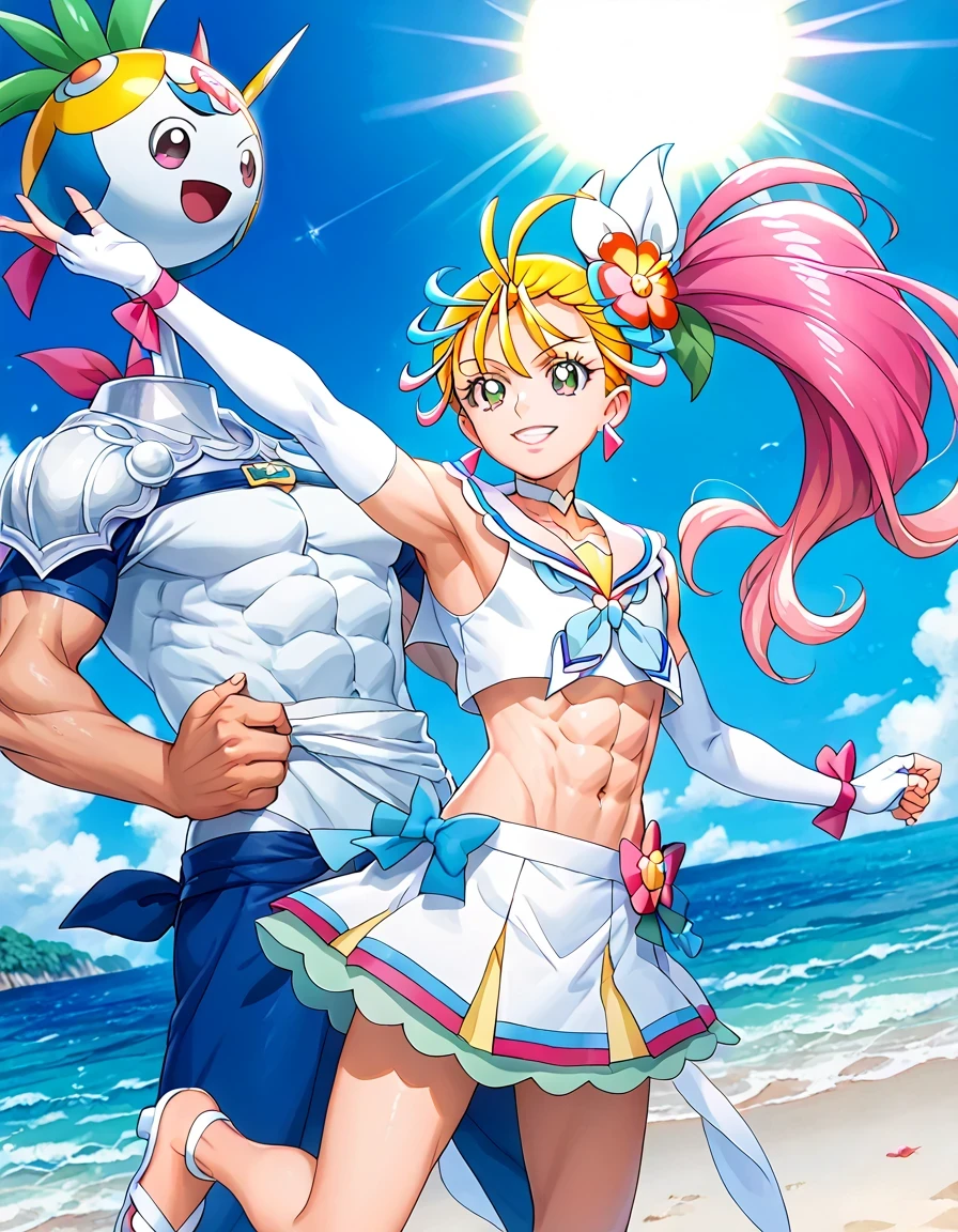 score 9 , score 8 up, score 7 up, source anime, masterpiece, Best quality, Best resolution, anime coloring, anime screencap, anime screenshot,1boy, cure summer is a boy, (male:1.5), Boy wearing a long wig with white crop top dress, solo, long blonde haired anime boy, pink hair, side ponytail hair, multicolored hair, two tone hair, streaked hair, gradient hair, blonde and pink hair, eyelashes, eyebrows, hair flip, 美しい天の魔道士, hair flower, jewelry, hair ornament, sea warrior, triangle earrings, background of a anime sun, sunshine aura, flower hair ornament, anime boy is wearing a Belly button outfit, zodiac boy knight, white crop top dress, white arm warmers, white gloves, white sandals, white detached sleeves, elbow gloves, fingerless gloves, white choker, Portrait of a Zodiac boy Knight, lips, slender body, crop top with an white, boyish taste. アニメチンコ., sailor collar with an pink, white mini skirt, neckerchief with an pink, sunshine aura, green frills under the white mini skirt, cure summer outfit, tom boy style, a cheerful smile, male focus, bare shoulders, bare arms, bare legs, midriff, navel, abs, covered pectoralis major, stomach, biceps, biceps long head, biceps short head, triceps, deltoids, thigh muscles, hamstrings, adductor magnus muscles, (manly:1.5), (male body:1.5), (manly face:1.5), bulge,