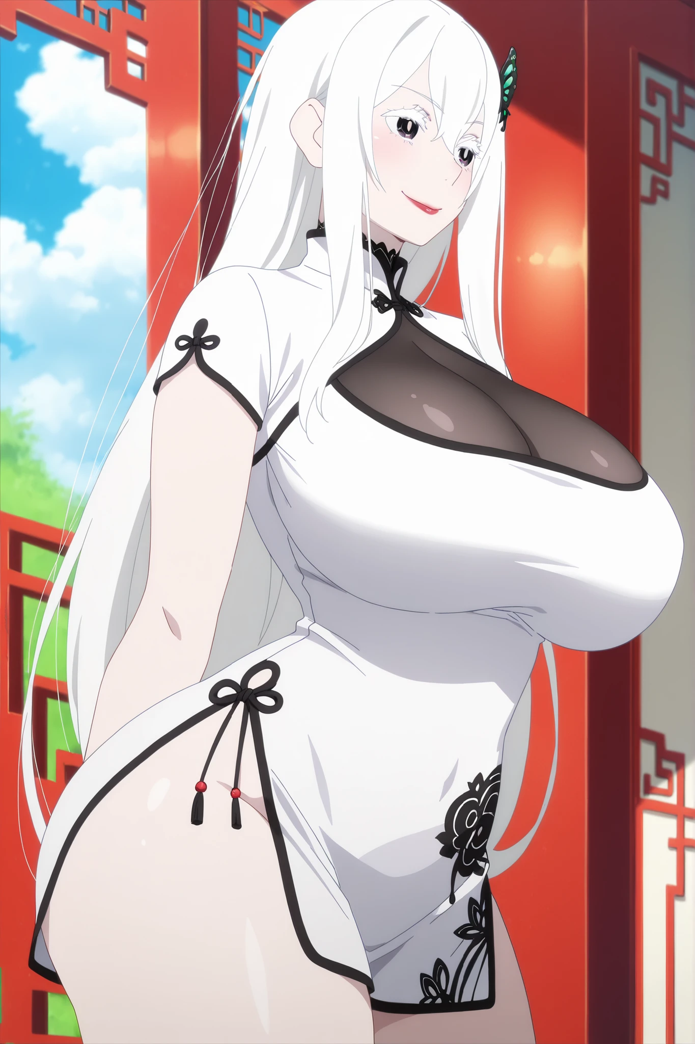 anime screencap, masterpiece, best quality, echidna, 1girl, mature female, long hair, white hair, butterfly hair ornament, hair between eyes, bangs, white eyelashes, Huge breast, Big Butt, lips, Red lipstick, Smile,view detailed body, ((short dress , china dress , turtleneck , curvy,)),
