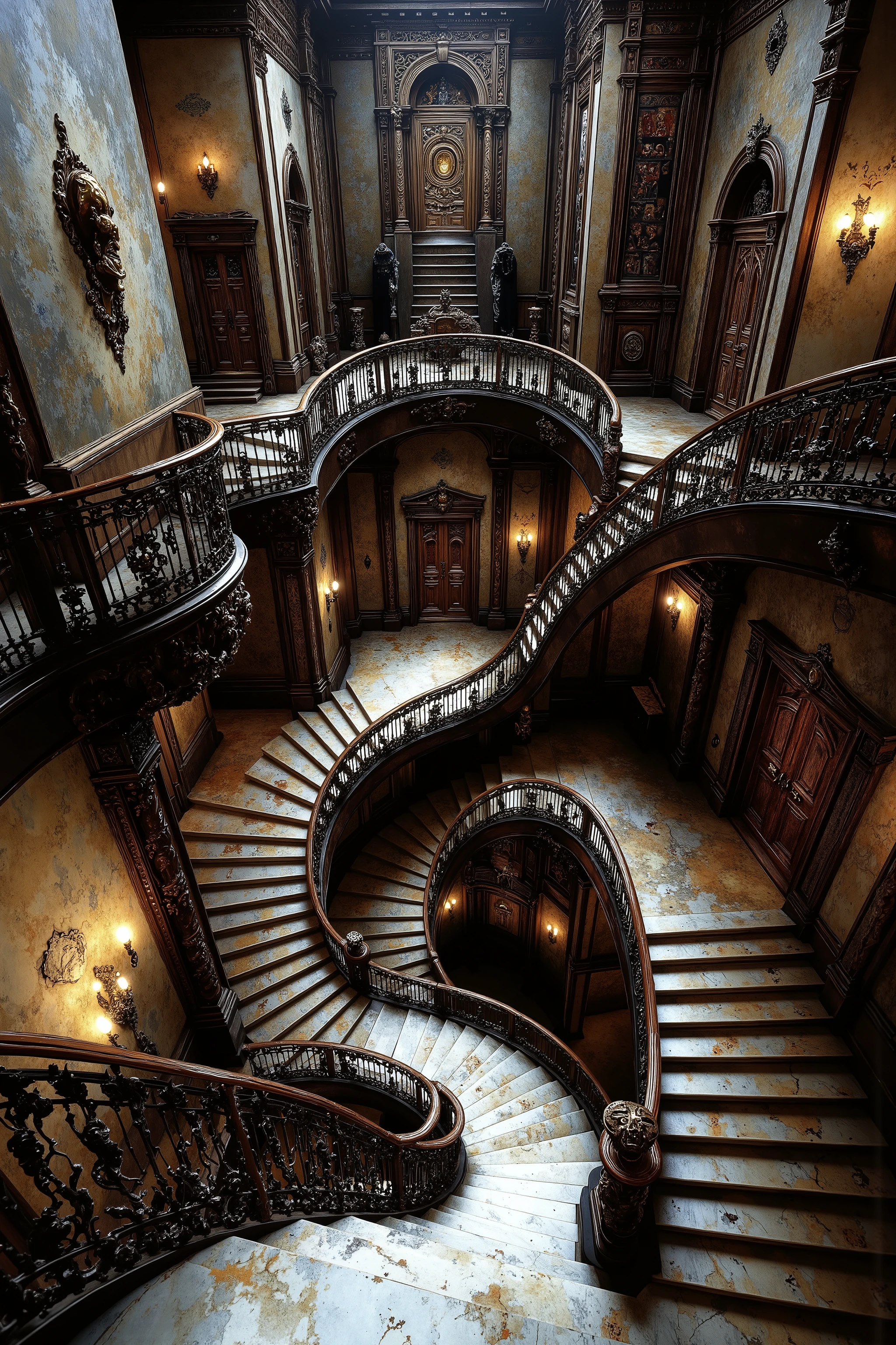 Ultra-realistic, photo-realistic, Architectural nightmare escalated: Victorian mansion dominated by infinite labyrinths of staircases - grand marble stairs spiral upwards and divide out into a spiderweb of staircases going in every direction. Each stairwell has a specific purpose and eventual location. Super-thick and ornate wooden banisters are secured to the staircases, following their complexity and providing safety.
Doors - hundreds of ornate Victorian doors of various sizes and styles seem to be randomly placed but each has a stairwell and banister to reach it. Each door bears unique, haunting details - brass knockers shaped like screaming faces, doorknobs that seem to turn on their own, keyholes that leak black ichor. All doors are different, some with windows and visible rooms behind them, some with triple padlocks keeping them shut.
Main staircase splits into five directions mid-flight - each section leading to different endpoints: Secondary staircases appear and disappear around corners, visible only from certain angles, creating a perpetual sense of architectural impossibilities.
Walls have plaster that comes right off the walls and creates handholds or furniture like benches to rest on.
The marble stairs are thick white pieces of art, and all banisters are thick expensive hardwood. All has the look of extreme wealth and luxury. All is rendered in ultra-realistic photography style. Professional lighting emphasizes architectural impossibilities while maintaining photographic authenticity. Ultra-realistic, photo-realistic, ultra-detailed, physically-based rendering, professional movie quality images, icon style, iconic characters, macabre, spooky, scary, startling, stunning, visually intoxicating, freaky, odd, unusual, avant-garde, unique, innovative, striking, captivating, mesmerizing, hypnotic, trance-inducing, mind-bending, consciousness-expanding, enlightening, cinematic photography, cinematography, full focus, highest quality images, cinematic lighting, dramatic atmosphere, 16k, unnerving, unsettling, disturbing, twisted, surreal, disquieting, startling, bizarre, creepy, weird, haunting, masterpiece.