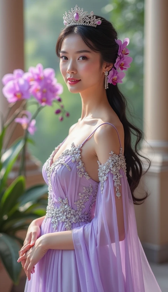 nigth，Gorgeous violet floral tulle wrap maxi dress，Supermodel figure，Focus on slim abdominal muscles，，8K，beautiful make up，hyper HD，Cinematic quality，Best quality at best，Highly detailed  details,Beautiful and sexy Chinese supermodel，，are standing，Bigger chin，Longer chin，  attractive，Go straight，up-close，Natioles flowers blooming on the shore，，Violet Garden，Fantastic garden，There are a lot of fireflielooming violet flower，，Vibrant smile，Luxury Earrings Gorgeous Necklace，Bigchest，profesional lighting，Tall figure，Slightly toned body，，with whole body visible，Colorful body painting，Silver-white gradient hair，,，flowing wavy hairstyle，mid - length hair，happy laugh