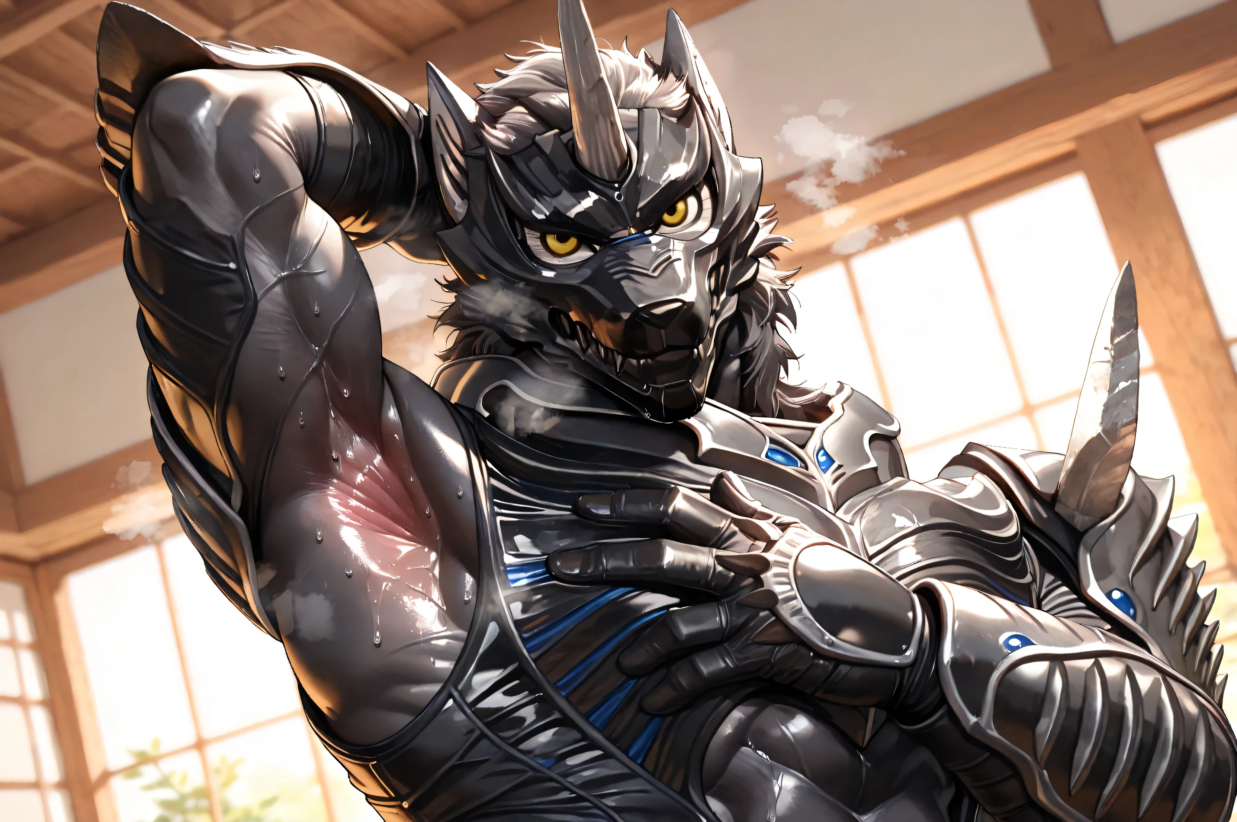 (Zen Aku), Power Rangers Wildforce, wolf, armor, (black body, manly, masculine, mature, muscular, defined muscles, bara), monster male, no human, close up, looking at viewer, BREAK, presenting armpit, spread armpit, presenting five fingers, armpit, arm up, armpit, lay hand on own armpit, close-up, (armpit close up, Sticky sweat, dirty armpit), (armpit fetish, sweat all over my body, armpit brown steam:1.3), armpit smell, (sweat:1.1), very arrogant, steaming body, Sticky sweat, very awa, male focus, flexible, (musky atmosphere, steam rising from body, humid air, sweat all over my body:1.3), upper body, looking down, BREAK, (dutch angle), (blurry background), dynamic lighting, rim lighting, BREAK, masterpiece, best quality, official art, detailed, 4K, 8K, realistic, game cg, ultra-detailed, beautiful detailed eyes, very aesthetic, IllusP0s, nsfw, (solo), bkmitastyle, uncensored,