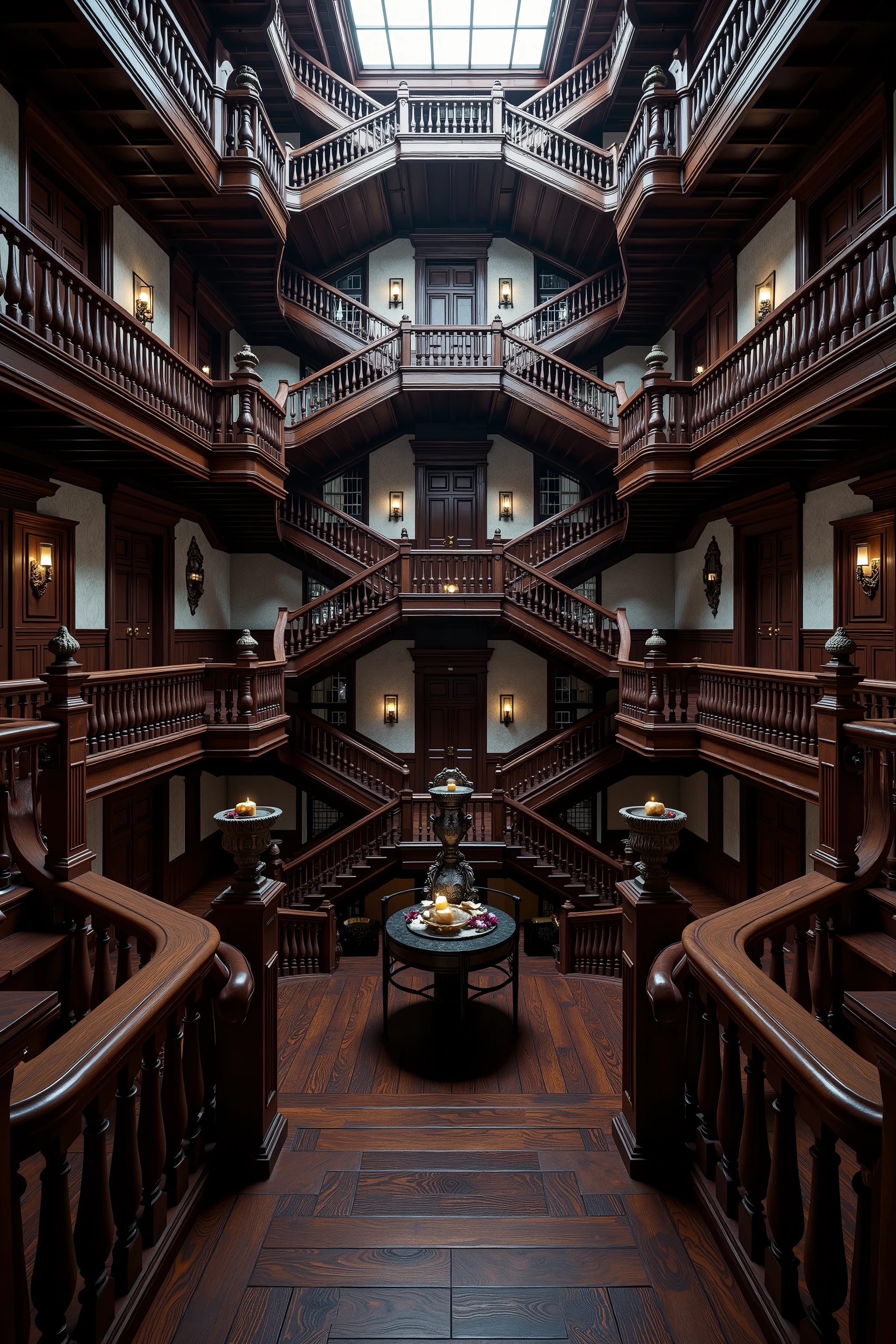 Ultra-realistic, photo-realistic, Architectural wonder escalated: Victorian mansion dominated by infinite labyrinths of staircases - grand dark stained mahogany stairs spiral upwards and divide out into a spiderweb of stairwells going in every direction. Each stairwell has a specific purpose and eventual location. Super-thick and ornate wooden banisters are secured to the staircases and are smooth as they slither, following the complexity of the staircases and providing safety.
Doors - hundreds of ornate Victorian doors of various sizes and styles seem to be randomly placed but each has a stairwell and banister to reach it. Each door bears unique, haunting details - brass knockers shaped like screaming faces, doorknobs that seem to turn on their own, keyholes that leak black ichor. All doors are different, some with windows and visible rooms behind them, some with triple padlocks keeping them shut.
Main staircase splits into different directions mid-flight - main staircase follows the walls on each floor
Walls have plaster that comes right off the walls creating furniture like benches to rest on and unique ashtrays and water fountains next to them.
The clean mahogany stairs are thick dark pieces of art, and all banisters are the same thick expensive hardwood. All has the look of extreme wealth and luxury. All is rendered in ultra-realistic photography style. Professional lighting emphasizes architectural impossibilities while maintaining photographic authenticity. Ultra-realistic, photo-realistic, ultra-detailed, physically-based rendering, professional movie quality images, icon style, iconic characters, macabre, spooky, scary, startling, stunning, visually intoxicating, freaky, odd, unusual, avant-garde, unique, innovative, striking, captivating, mesmerizing, hypnotic, trance-inducing, mind-bending, consciousness-expanding, enlightening, cinematic photography, cinematography, full focus, highest quality images, cinematic lighting, dramatic atmosphere, 16k, dreamlike ldisturbing, twisted, surreal, disquieting, startling, bizarre, weird, haunting, masterpiece.