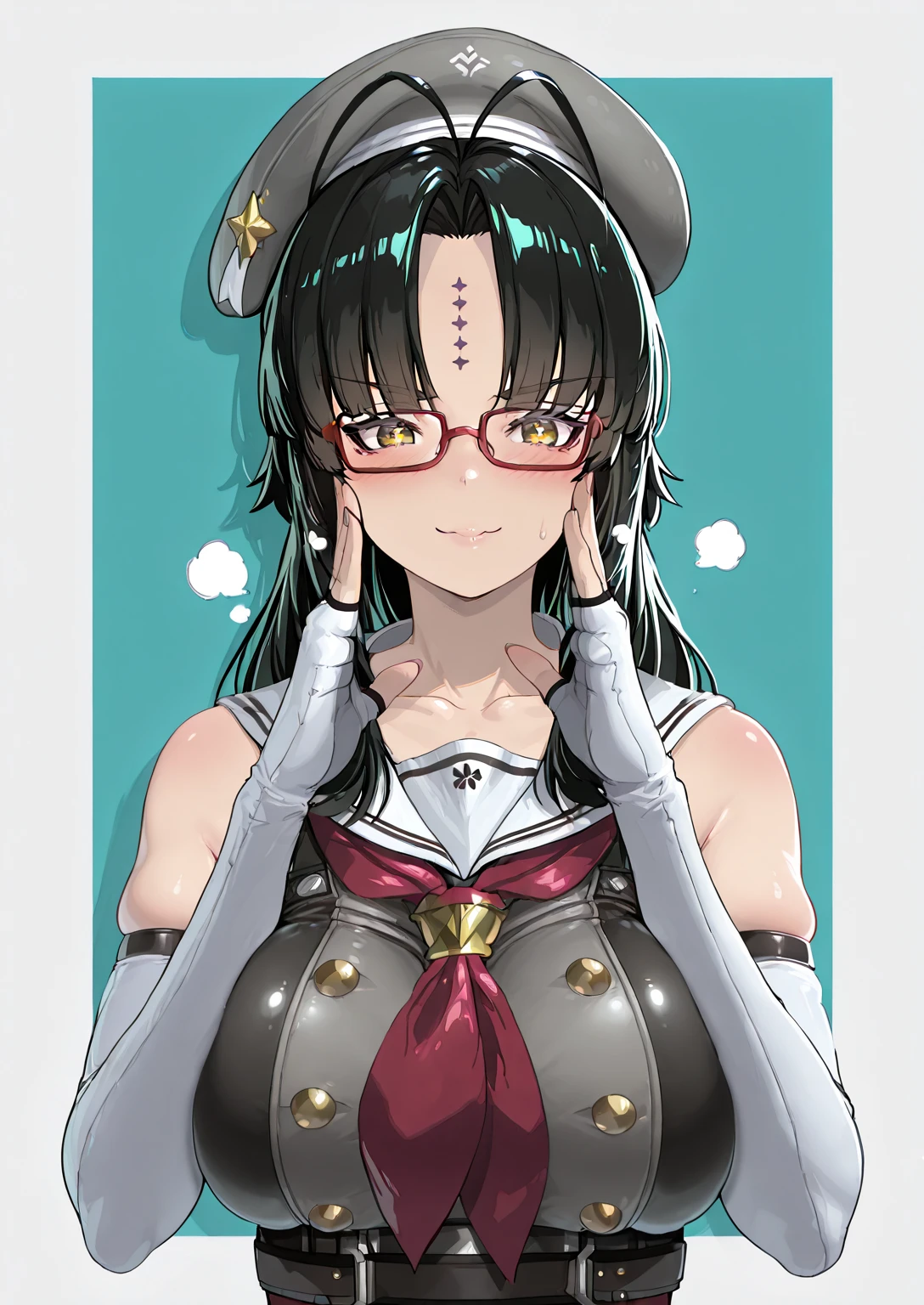 Ggstduel, horn_wood, (zucchini-style:1.2), (ruberule-style:1.4), ((anatomical correct)), ((Cinematic, unreal engine, eye-catching, ambient occlusion, UHD, masterpiece)), ((perfect lighting, soft shadow)), perfect body, perfect eyes, perfect fingers, gasping, heavy breathing, gasping profusely, ((skindentation)), ((curvy)), michiko tanaka, long hair, ((black hair)), yellow eyes, facial mark, forehead mark, plump, 1girl, solo, gloves, smile, glasses, upper_body, fingerless_gloves, breasts, looking_at_viewer, hat, closed_mouth, antenna_hair, neckerchief, white_gloves, collarbone, sleeveless, buttons, elbow_gloves, +_+, red_neckerchief, double-breasted, beret, blue_background, red-framed_eyewear, adjusting_eyewear, bespectacled, hands_up, sailor_collar, frills, fingernails, bare_shoulders, black_headwear, blush, grey_headwear