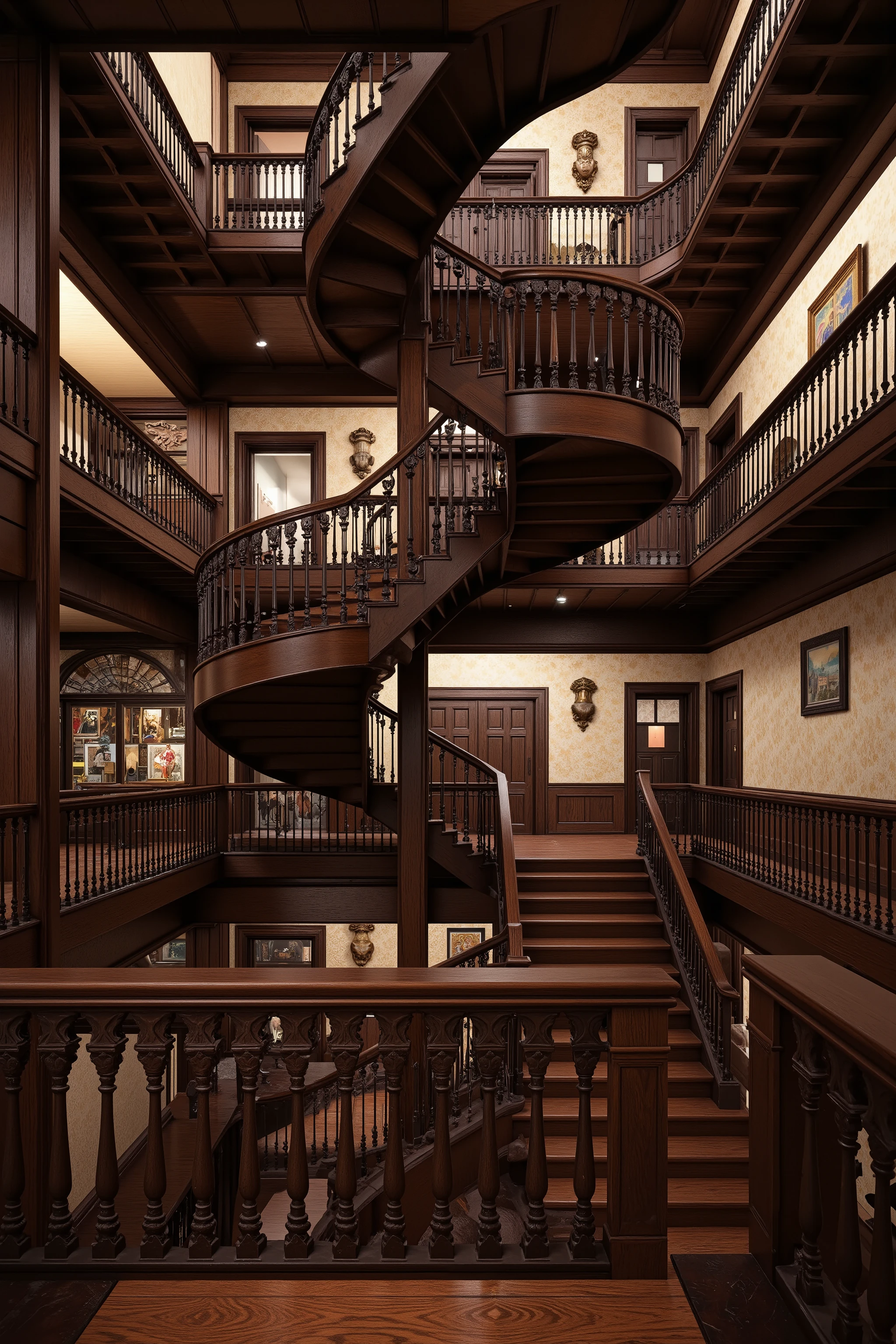 Ultra-realistic, photo-realistic, Architectural wonder escalated: Victorian mansion dominated by infinite labyrinths of staircases - grand dark stained mahogany stairs spiral upwards and divide out into a spiderweb of stairwells going in every direction. Each stairwell has a specific purpose and eventual location. Super-thick and ornate wooden banisters are secured to the staircases and are smooth as they slither, following the complexity of the staircases and providing safety.
Doors - hundreds of ornate Victorian doors of various sizes and styles seem to be randomly placed but each has a stairwell and banister to reach it. Each door bears unique, haunting details - brass knockers shaped like screaming faces, doorknobs that seem to turn on their own, keyholes that leak black ichor. All doors are different, some with windows and visible rooms behind them, some with triple padlocks keeping them shut.
Main staircase splits into different directions mid-flight - main staircase follows the walls on each floor
Walls have plaster that comes right off the walls creating furniture like benches to rest on and unique ashtrays and water fountains next to them.
The clean mahogany stairs are thick dark pieces of art, and all banisters are the same thick expensive hardwood. All has the look of extreme wealth and luxury. All is rendered in ultra-realistic photography style. Professional lighting emphasizes architectural impossibilities while maintaining photographic authenticity. Ultra-realistic, photo-realistic, ultra-detailed, physically-based rendering, professional movie quality images, icon style, iconic characters, macabre, spooky, scary, startling, stunning, visually intoxicating, freaky, odd, unusual, avant-garde, unique, innovative, striking, captivating, mesmerizing, hypnotic, trance-inducing, mind-bending, consciousness-expanding, enlightening, cinematic photography, cinematography, full focus, highest quality images, cinematic lighting, dramatic atmosphere, 16k, dreamlike ldisturbing, twisted, surreal, disquieting, startling, bizarre, weird, haunting, masterpiece.