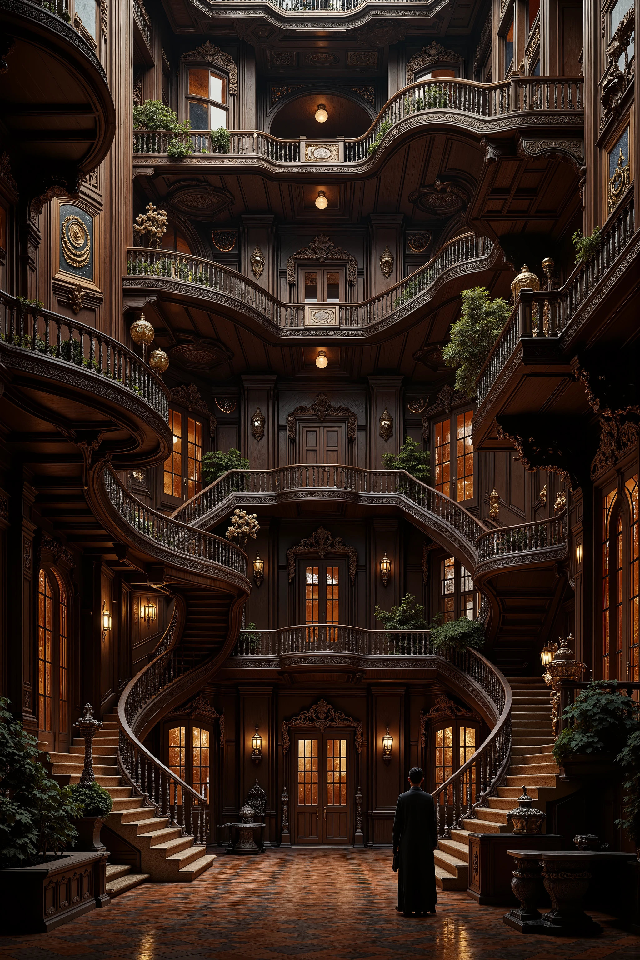 Ultra-realistic, photo-realistic, Architectural wonder escalated: Victorian mansion dominated by infinite labyrinths of staircases - grand dark stained mahogany stairs spiral upwards and divide out into a spiderweb of stairwells going in every direction. Each stairwell has a specific purpose and eventual location. Super-thick and ornate wooden banisters are secured to the staircases and are smooth as they slither, following the complexity of the staircases and providing safety.
Doors - hundreds of ornate Victorian doors of various sizes and styles seem to be randomly placed but each has a stairwell and banister to reach it. Each door bears unique, haunting details - brass knockers shaped like screaming faces, doorknobs that seem to turn on their own, keyholes that leak black ichor. All doors are different, some with windows and visible rooms behind them, some with triple padlocks keeping them shut.
Main staircase splits into different directions mid-flight - main staircase follows the walls on each floor
Walls have plaster that comes right off the walls creating furniture like benches to rest on and unique ashtrays and water fountains next to them.
The clean mahogany stairs are thick dark pieces of art, and all banisters are the same thick expensive hardwood. All has the look of extreme wealth and luxury. All is rendered in ultra-realistic photography style. Professional lighting emphasizes architectural impossibilities while maintaining photographic authenticity. Ultra-realistic, photo-realistic, ultra-detailed, physically-based rendering, professional movie quality images, icon style, iconic characters, macabre, spooky, scary, startling, stunning, visually intoxicating, freaky, odd, unusual, avant-garde, unique, innovative, striking, captivating, mesmerizing, hypnotic, trance-inducing, mind-bending, consciousness-expanding, enlightening, cinematic photography, cinematography, full focus, highest quality images, cinematic lighting, dramatic atmosphere, 16k, dreamlike ldisturbing, twisted, surreal, disquieting, startling, bizarre, weird, haunting, masterpiece.