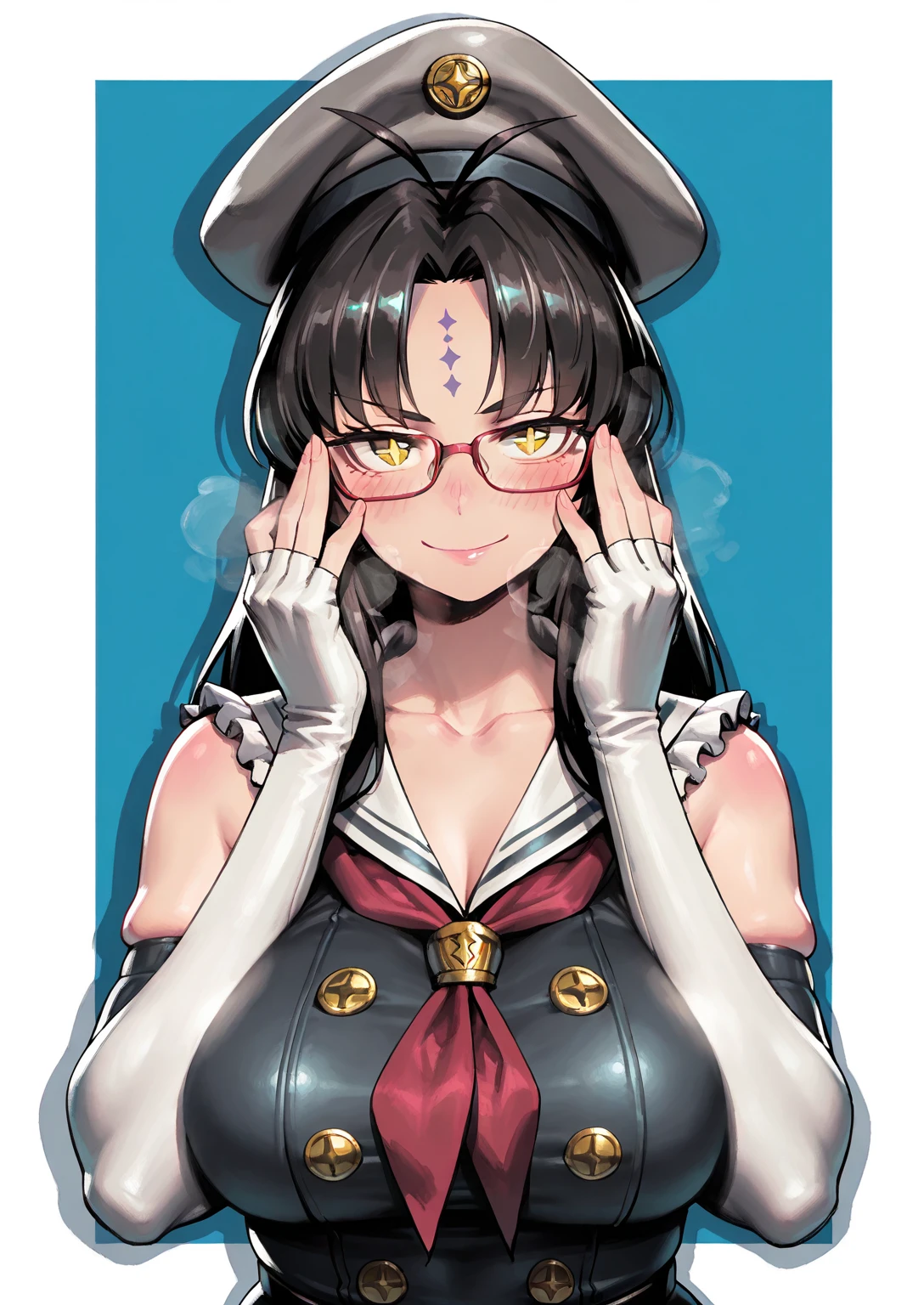 noodlenood, ((anatomical correct)), ((Cinematic, unreal engine, eye-catching, ambient occlusion, UHD, masterpiece)), ((perfect lighting, soft shadow)), perfect body, perfect eyes, perfect fingers, gasping, heavy breathing, gasping profusely, ((skindentation)), ((curvy)), michiko tanaka, long hair, ((black hair)), yellow eyes, facial mark, forehead mark, plump, 1girl, solo, gloves, smile, glasses, upper_body, fingerless_gloves, breasts, looking_at_viewer, hat, closed_mouth, antenna_hair, neckerchief, white_gloves, collarbone, sleeveless, buttons, elbow_gloves, +_+, red_neckerchief, double-breasted, beret, blue_background, red-framed_eyewear, adjusting_eyewear, bespectacled, hands_up, sailor_collar, frills, fingernails, bare_shoulders, black_headwear, blush, grey_headwear