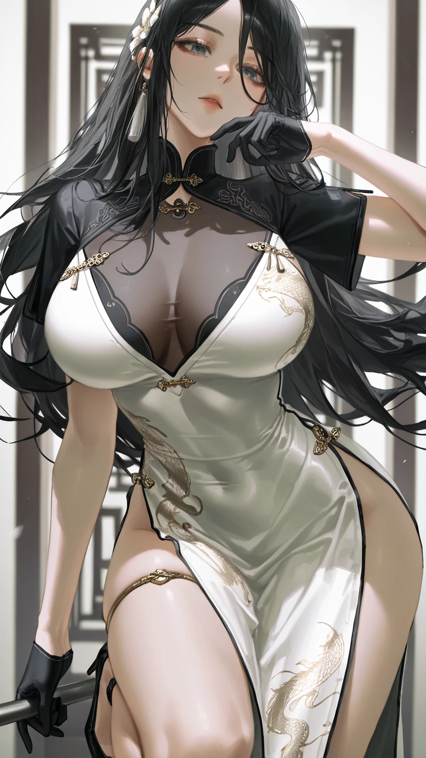 (high quality, 8k, 4K, high contrast, artwork:1.2, high quality, best aesthetics), (dynamic angle), ((1 woman)), erotic, sensual, mature body, super detailed, beautiful face detailed, detailed beautiful mouth, perfect breasts, wide thighs, sexy body, black hair, short hair, short straight hair, long hair bangs, black blindfold, blindfolded, black blindfold covering the eyes, sadistic facial expression, black lipstick, sexy long black dress with gold details, centered, looking at the viewer, short black skirt.