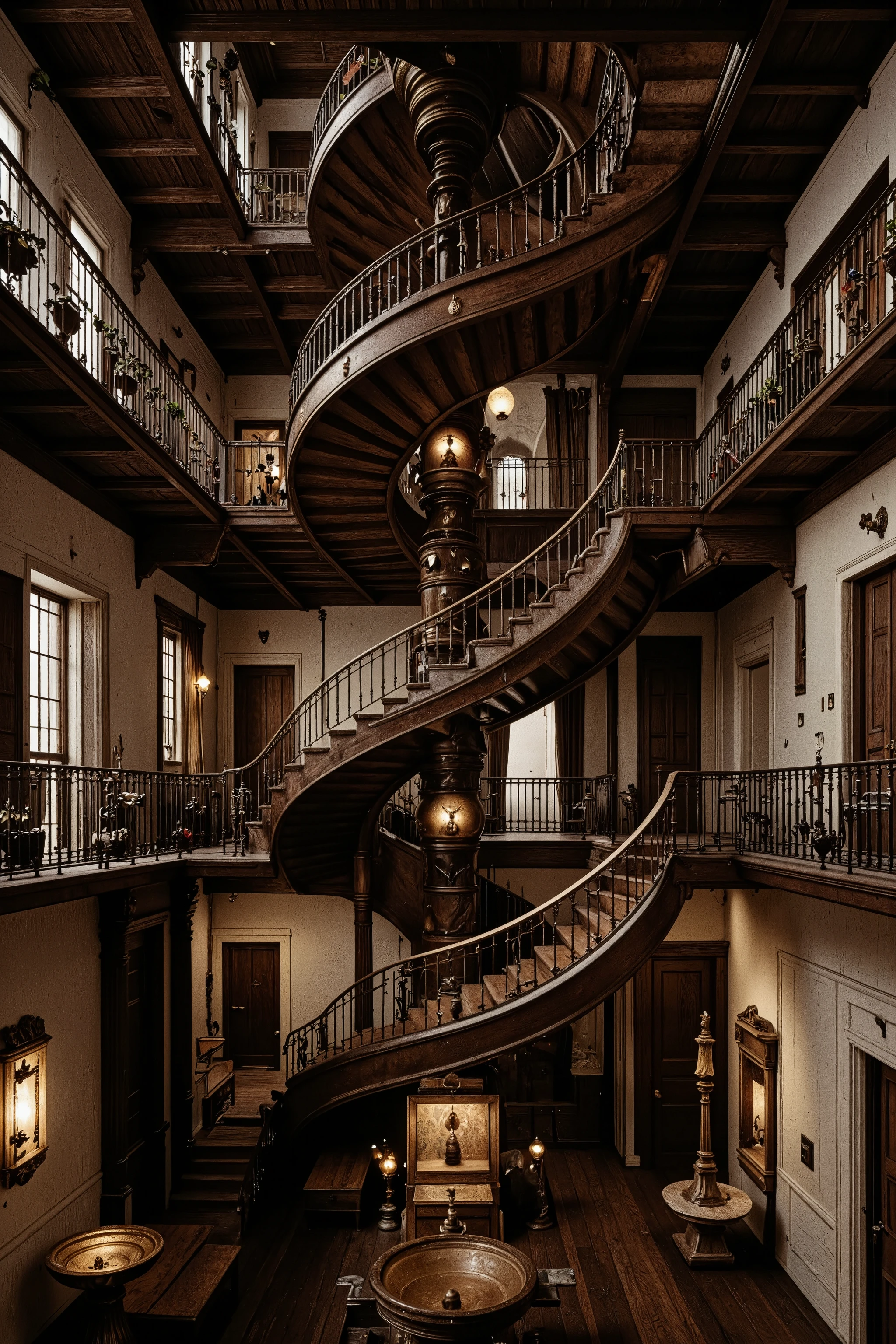 Ultra-realistic, photo-realistic, An Architectural wonder escalated: Victorian mansion dominated by infinite labyrinths of staircases - grand dark stained mahogany stairs spiral upwards and divide out into a spiderweb of stairwells going in every direction. Each stairwell has a specific purpose and eventual location. Super-thick and ornate wooden banisters are secured to the staircases and are smooth as they slither, following the complexity of the staircases and providing safety.
Doors - hundreds of ornate Victorian doors of various sizes and styles seem to be randomly placed but each has a stairwell and banister to reach it. Each door bears unique, haunting details - brass knockers shaped like screaming faces, doorknobs that seem to turn on their own, keyholes that leak black ichor. All doors are different, some with windows and visible rooms behind them, some with triple padlocks keeping them shut.
Main staircase splits into different directions mid-flight - main staircase follows the walls on each floor
Walls have plaster that comes right off the walls creating furniture like benches to rest on and unique ashtrays and water fountains next to them.
The clean mahogany stairs are thick dark pieces of art, and all banisters are the same thick expensive hardwood. All has the look of extreme wealth and luxury. All is rendered in ultra-realistic photography style. Professional lighting emphasizes architectural impossibilities while maintaining photographic authenticity. Ultra-realistic, photo-realistic, ultra-detailed, physically-based rendering, professional movie quality images, icon style, iconic characters, macabre, spooky, scary, startling, stunning, visually intoxicating, freaky, odd, unusual, avant-garde, unique, innovative, striking, captivating, mesmerizing, hypnotic, trance-inducing, mind-bending, consciousness-expanding, enlightening, cinematic photography, cinematography, full focus, highest quality images, cinematic lighting, dramatic atmosphere, 16k, dreamlike, twisted, surreal, haunting, extremely complex and ornate staircase patterns that will make you feel dizzy. Professional masterpiece.