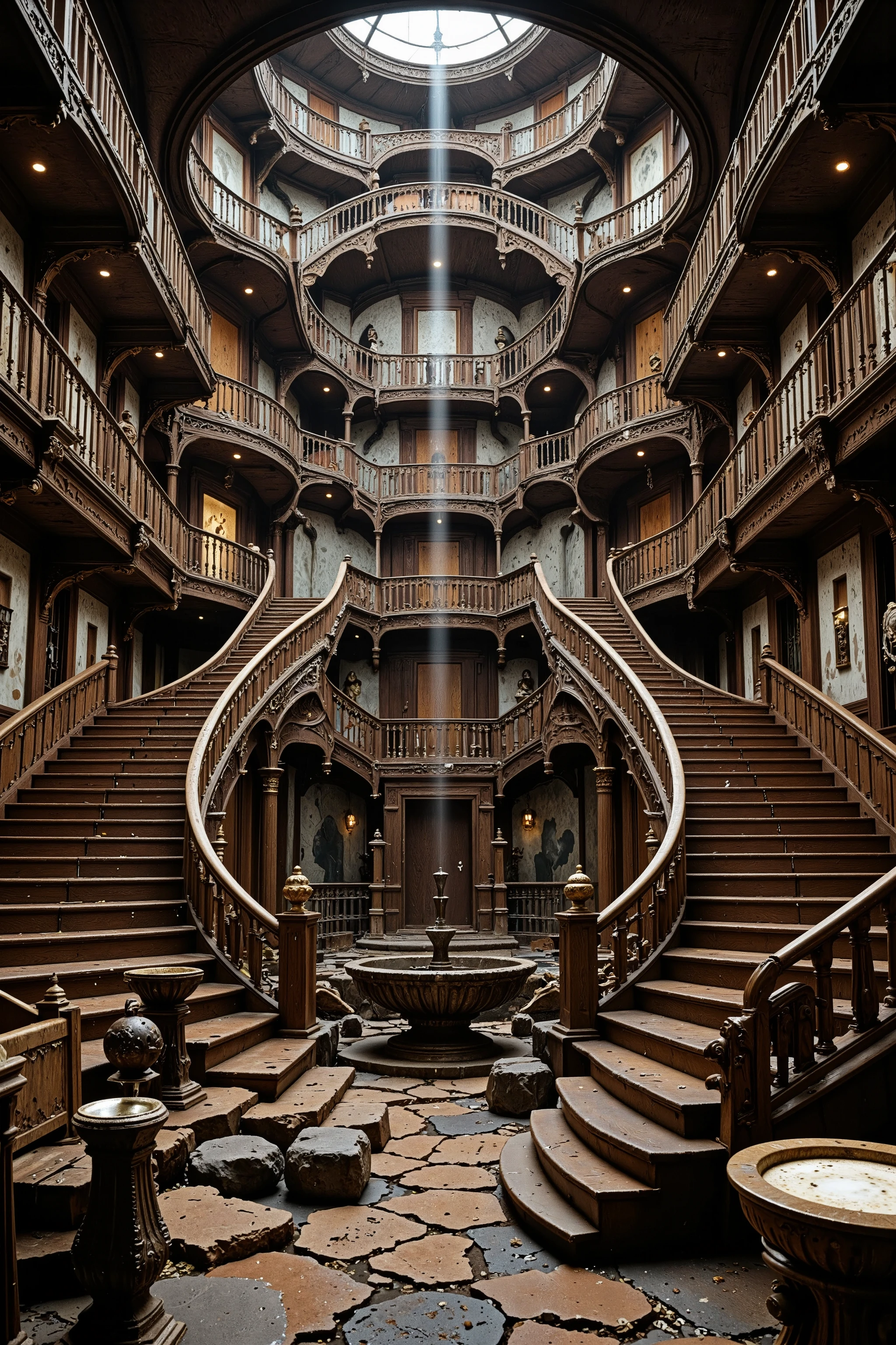 Ultra-realistic, photo-realistic, An Architectural wonder escalated: Victorian mansion dominated by infinite labyrinths of staircases - grand dark stained mahogany stairs spiral upwards and divide out into a spiderweb of stairwells going in every direction. Each stairwell has a specific purpose and eventual location. Super-thick and ornate wooden banisters are secured to the staircases and are smooth as they slither, following the complexity of the staircases and providing safety.
Doors - hundreds of ornate Victorian doors of various sizes and styles seem to be randomly placed but each has a stairwell and banister to reach it. Each door bears unique, haunting details - brass knockers shaped like screaming faces, doorknobs that seem to turn on their own, keyholes that leak black ichor. All doors are different, some with windows and visible rooms behind them, some with triple padlocks keeping them shut.
Main staircase splits into different directions mid-flight - main staircase follows the walls on each floor
Walls have plaster that comes right off the walls creating furniture like benches to rest on and unique ashtrays and water fountains next to them.
The clean mahogany stairs are thick dark pieces of art, and all banisters are the same thick expensive hardwood. All has the look of extreme wealth and luxury. All is rendered in ultra-realistic photography style. Professional lighting emphasizes architectural impossibilities while maintaining photographic authenticity. Ultra-realistic, photo-realistic, ultra-detailed, physically-based rendering, professional movie quality images, icon style, iconic characters, macabre, spooky, scary, startling, stunning, visually intoxicating, freaky, odd, unusual, avant-garde, unique, innovative, striking, captivating, mesmerizing, hypnotic, trance-inducing, mind-bending, consciousness-expanding, enlightening, cinematic photography, cinematography, full focus, highest quality images, cinematic lighting, dramatic atmosphere, 16k, dreamlike, twisted, surreal, haunting, extremely complex and ornate staircase patterns that will make you feel dizzy. Professional masterpiece.