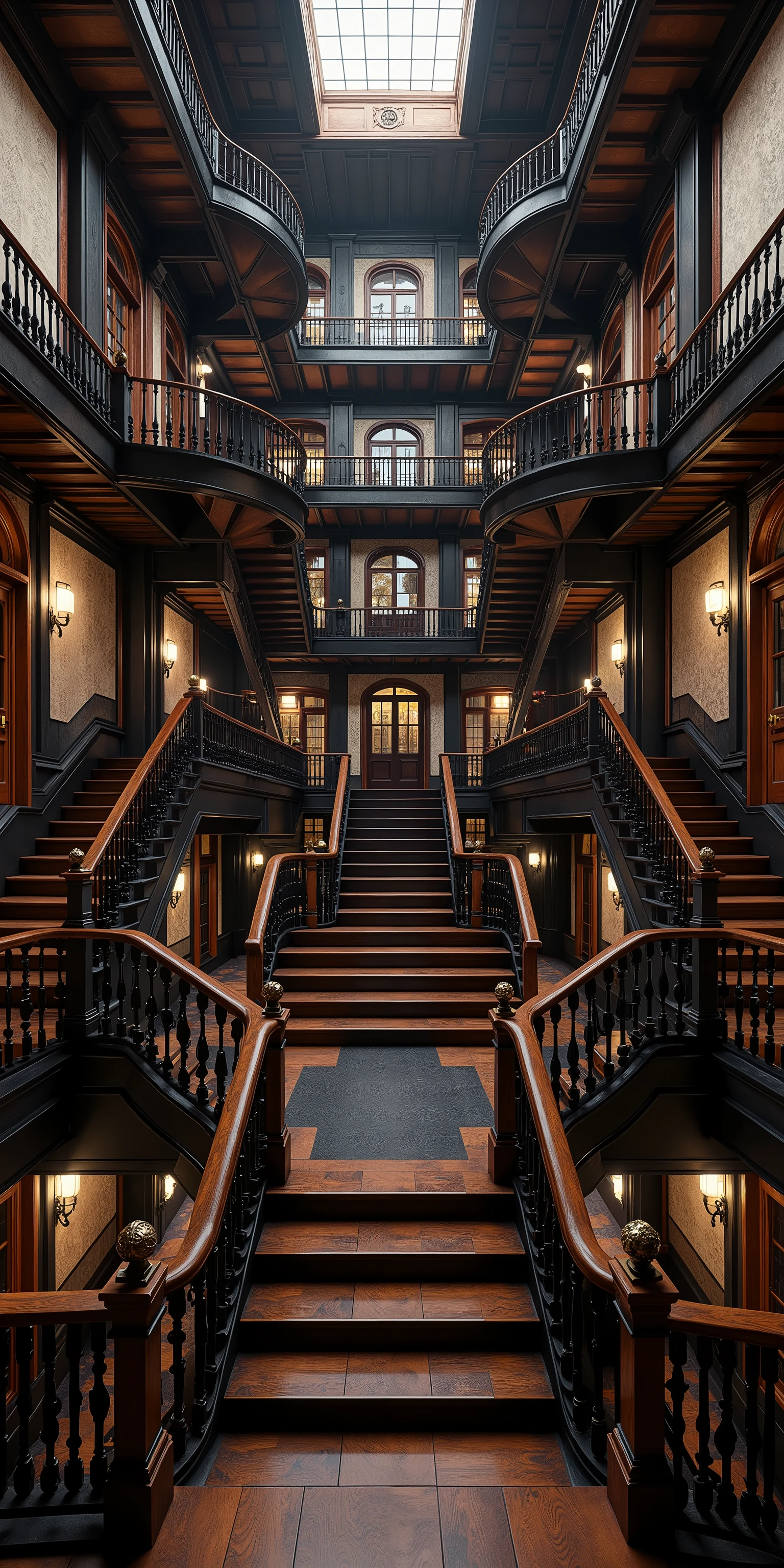 Ultra-realistic, photo-realistic, An Architectural wonder escalated: Victorian mansion dominated by infinite labyrinths of staircases - grand dark stained mahogany stairs spiral upwards and divide out into a spiderweb of stairwells going in every direction. Each stairwell has a specific purpose and eventual location. Super-thick and ornate wooden banisters are secured to the staircases and are smooth as they slither, following the complexity of the staircases and providing safety.
Doors - hundreds of ornate Victorian doors of various sizes and styles seem to be randomly placed but each has a stairwell and banister to reach it. Each door bears unique, haunting details - brass knockers shaped like screaming faces, doorknobs that seem to turn on their own, keyholes that leak black ichor. All doors are different, some with windows and visible rooms behind them, some with triple padlocks keeping them shut.
Main staircase splits into different directions mid-flight - main staircase follows the walls on each floor
Walls have plaster that comes right off the walls creating furniture like benches to rest on and unique ashtrays and water fountains next to them.
The clean mahogany stairs are thick dark pieces of art, and all banisters are the same thick expensive hardwood. All has the look of extreme wealth and luxury. All is rendered in ultra-realistic photography style. Professional lighting emphasizes architectural impossibilities while maintaining photographic authenticity. Ultra-realistic, photo-realistic, ultra-detailed, physically-based rendering, professional movie quality images, icon style, iconic characters, macabre, spooky, scary, startling, stunning, visually intoxicating, freaky, odd, unusual, avant-garde, unique, innovative, striking, captivating, mesmerizing, hypnotic, trance-inducing, mind-bending, consciousness-expanding, enlightening, cinematic photography, cinematography, full focus, highest quality images, cinematic lighting, dramatic atmosphere, 16k, dreamlike, twisted, surreal, haunting, extremely complex and ornate staircase patterns that will make you feel dizzy. Professional masterpiece.