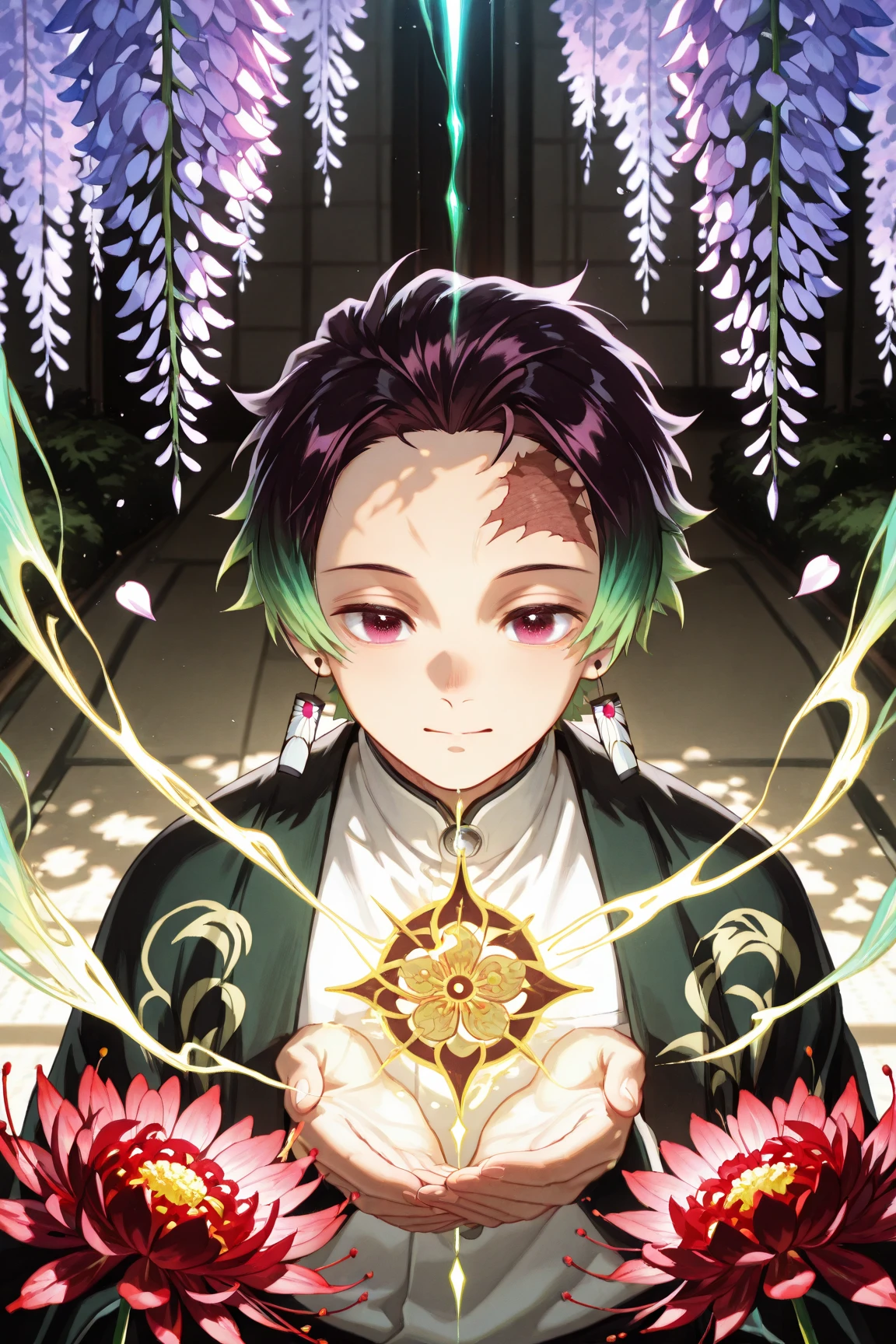Ultra detailed, highres, absurdres, HDR, master piece, Saisei uchida, dark green hair, expressive golden eyes with white small pupil, white haori with patters of demonic, black kimuno with dark flower patterns, Kimetsu No Yaiba, fantasy, petals, red flowers, handsome, sexy man using blood demon aet, solo, magic, shining red fireflies, red moon, best quality, extremely detailed face and eyes, fire, forest