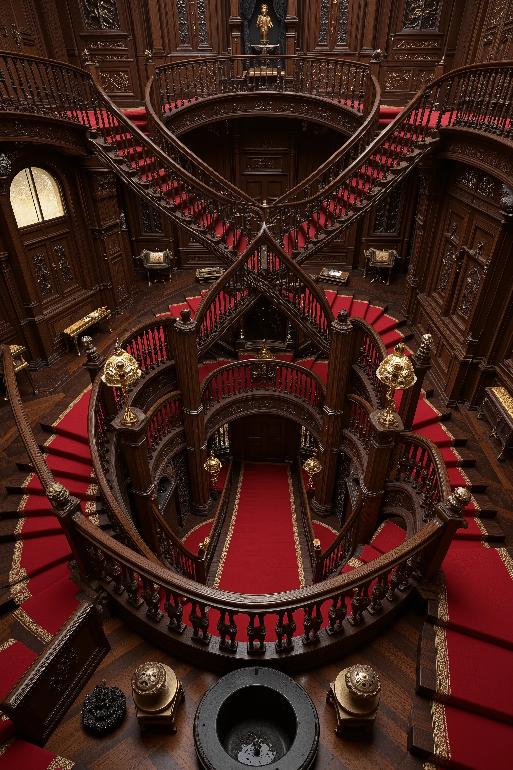 Ultra-realistic, photo-realistic, ultra-detailed. Architectural wonder escalated: Victorian mansion dominated by infinite labyrinths of staircases - one main spiraling staircase goes around 17 times providing a spiral from the top floor to the bottom floor, caged on with a banister and carpeted in the middle with thick scarlet Victorian-style carpet. The other stairwells criss-cross the middle section leading to the different floors, and the final set of stairwells and banisters follow the walls and the endless doors that make up the house on 5 different floors. Super-thick and ornate wooden banisters are secured to the staircases and are smooth as they slither, following the complexity of the staircases and providing safety.
Doors - hundreds of ornate Victorian doors carved with precision seem to be randomly placed but each has a stairwell and banister to reach it. Each door bears unique, haunting details - brass knockers shaped like screaming faces, doorknobs that seem to turn on their own, keyholes that leak black ichor. All doors are different, some with windows and visible rooms behind them, some with triple padlocks keeping them shut.
Walls have plaster that comes right off the walls creating furniture like benches to rest on and unique ashtrays and water fountains next to them.
The clean mahogany stairs are thick dark pieces of art, and all banisters are the same thick expensive hardwood. All has the look of extreme wealth and luxury. All is rendered in ultra-realistic photography style. Professional lighting emphasizes architectural impossibilities while maintaining photographic authenticity. Ultra-realistic, photo-realistic, ultra-detailed, physically-based rendering, professional movie quality images, icon style, iconic characters, macabre, spooky, scary, startling, stunning, visually intoxicating, freaky, odd, unusual, avant-garde, unique, innovative, striking, captivating, mesmerizing, hypnotic, trance-inducing, mind-bending, consciousness-expanding, enlightening, cinematic photography, cinematography, full focus, highest quality images, cinematic lighting, dramatic atmosphere, 16k, dreamlike, twisted, surreal, haunting, extremely complex and
staircase patterns that will make you feel dizzy. Professional masterpiece.