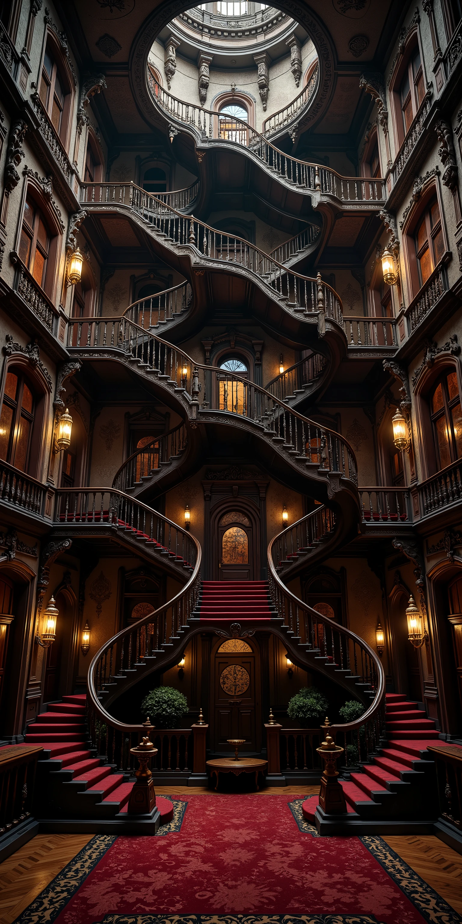 Ultra-realistic, photo-realistic, ultra-detailed. Architectural wonder escalated: Victorian mansion dominated by infinite labyrinths of staircases - one main spiraling staircase goes around 17 times providing a spiral from the top floor to the bottom floor, caged on with a banister and carpeted in the middle with thick scarlet Victorian-style carpet. The other stairwells criss-cross the middle section leading to the different floors, and the final set of stairwells and banisters follow the walls and the endless doors that make up the house on 5 different floors. Super-thick and ornate wooden banisters are secured to the staircases and are smooth as they slither, following the complexity of the staircases and providing safety.
Doors - hundreds of ornate Victorian doors carved with precision seem to be randomly placed but each has a stairwell and banister to reach it. Each door bears unique, haunting details - brass knockers shaped like screaming faces, doorknobs that seem to turn on their own, keyholes that leak black ichor. All doors are different, some with windows and visible rooms behind them, some with triple padlocks keeping them shut.
Walls have plaster that comes right off the walls creating furniture like benches to rest on and unique ashtrays and water fountains next to them.
The clean mahogany stairs are thick dark pieces of art, and all banisters are the same thick expensive hardwood. All has the look of extreme wealth and luxury. All is rendered in ultra-realistic photography style. Professional lighting emphasizes architectural impossibilities while maintaining photographic authenticity. Ultra-realistic, photo-realistic, ultra-detailed, physically-based rendering, professional movie quality images, icon style, iconic characters, macabre, spooky, scary, startling, stunning, visually intoxicating, freaky, odd, unusual, avant-garde, unique, innovative, striking, captivating, mesmerizing, hypnotic, trance-inducing, mind-bending, consciousness-expanding, enlightening, cinematic photography, cinematography, full focus, highest quality images, cinematic lighting, dramatic atmosphere, 16k, dreamlike, twisted, surreal, haunting, extremely complex and
staircase patterns that will make you feel dizzy. Professional masterpiece.