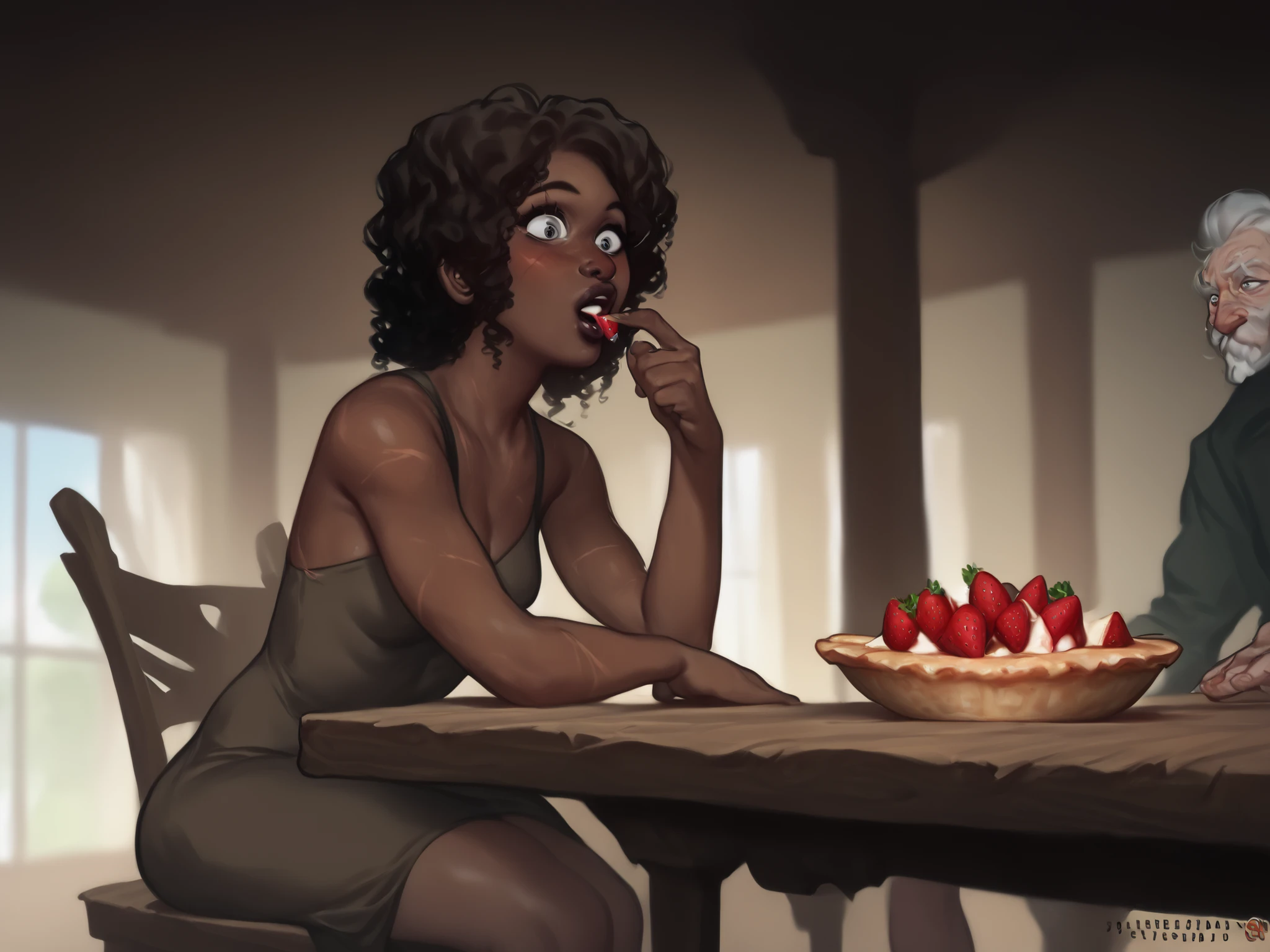 Dark skinned female, small breasts woman, black with long curly hair, thin, wearing a brown dress, scars on the body, old dress, sitting, rustic wooden table, surprised expression, sitting in a chair near a wooden table, she is eating a strawberry pie, her face flushed