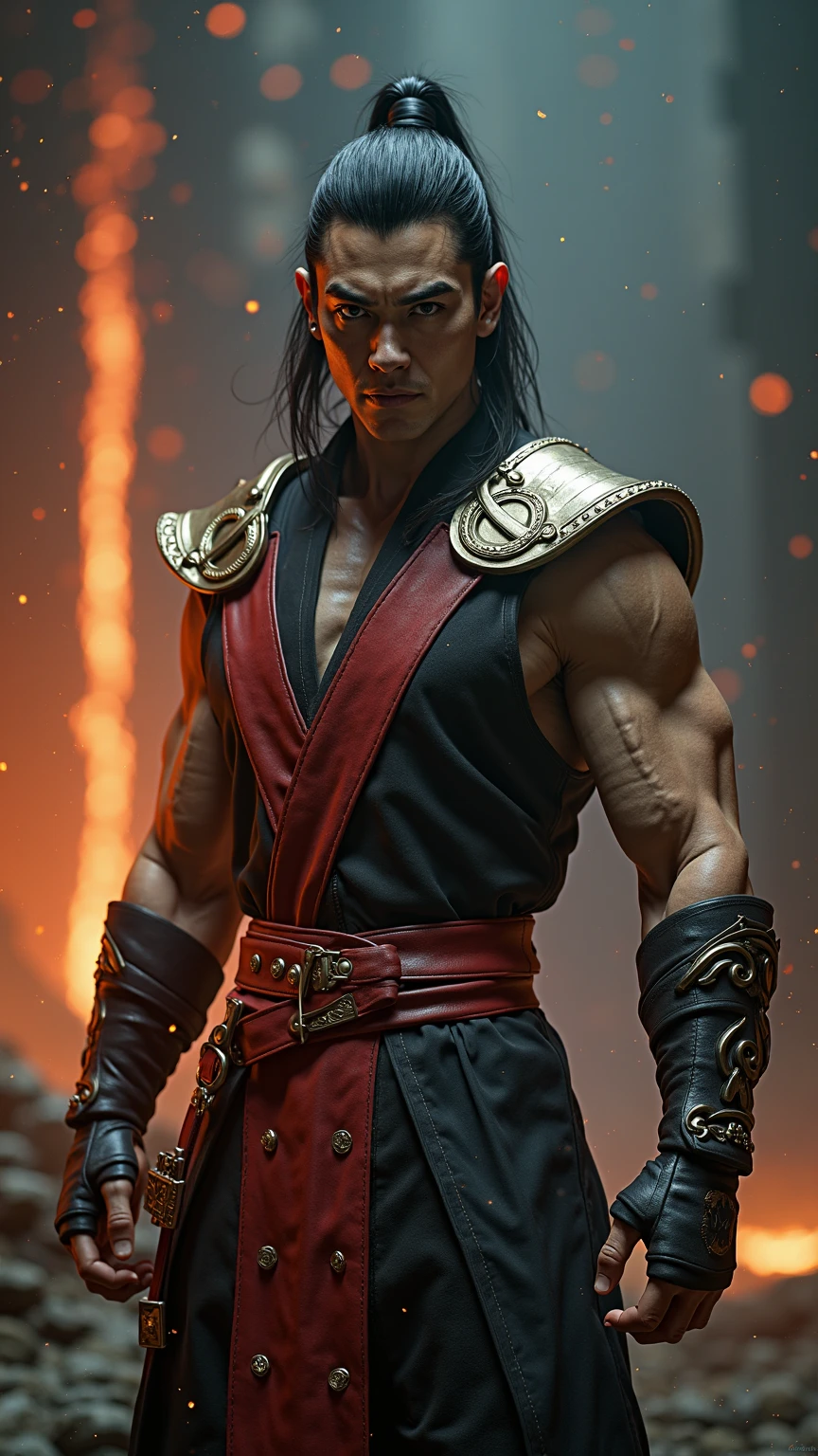 detailed portrait of a muscular asian man with spiky black hair, piercing eyes, a strong jawline, and wearing a white karate gi, highly detailed, photorealistic, 8k, hyperrealistic, beautiful lighting, sharp focus, masterpiece