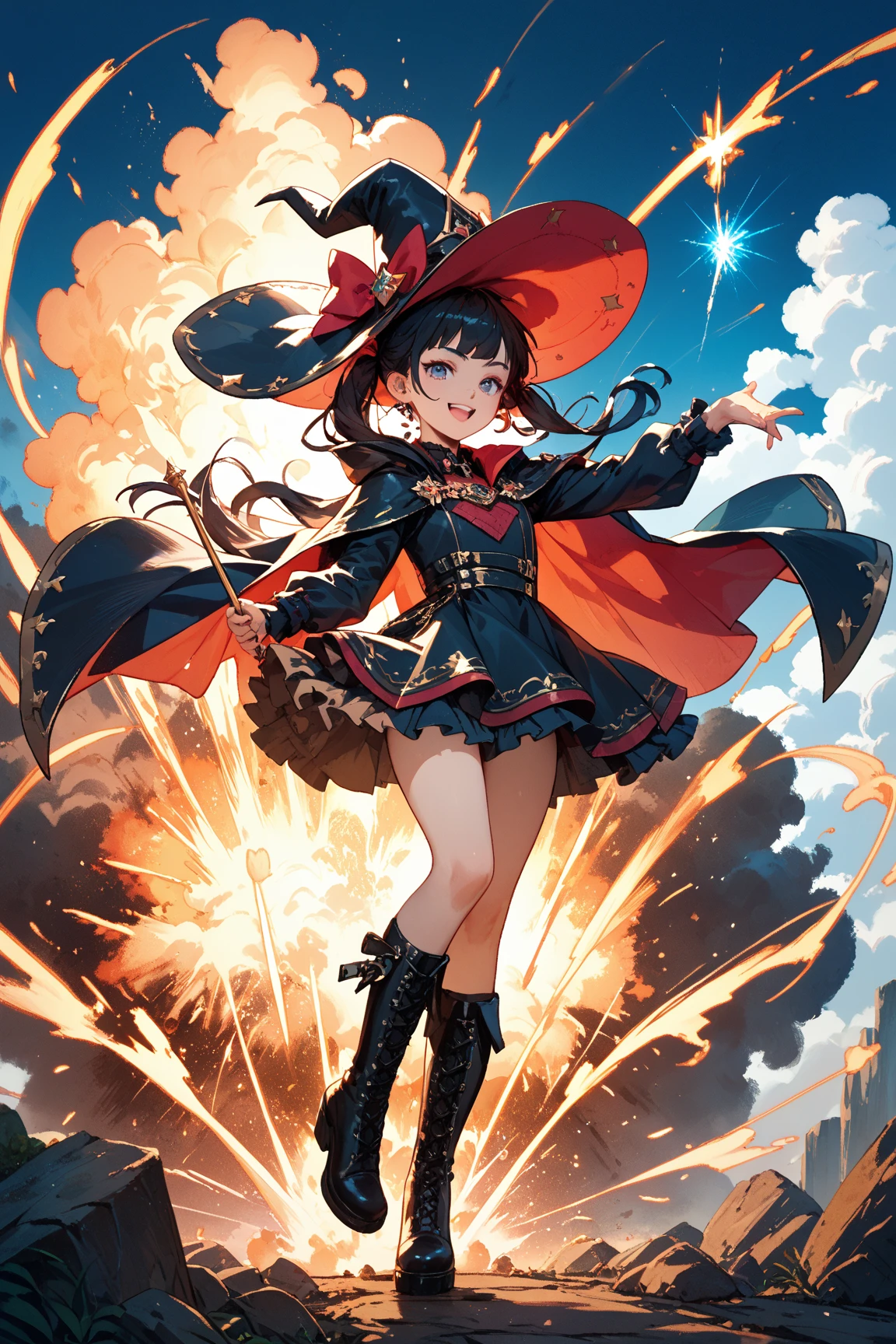 1girl, asymmetrical legwear, aurora, bandaged arm, bandaged leg, bandages, belt, black gloves, (short twintails:1.2), black hair, hair ribbon, red ribbon, ((hairclip)), dress, legwear, , white cape, collar, constellation, diffraction spikes, black dress, black hat, holding staff, mage staff, witch, explosion, eyepatch, fingerless gloves, galaxy, gloves, hat, night, night sky, open mouth, red dress, sarashi, shooting star, twintails, single thighhigh, sky, smile, solo, space, sparkle, sparks, staff, star \(sky\), starry sky, starry sky print, thighhighs, uneven legwear, witch hat, horizon, starry sky, aurora, standing on liquid, depth of field,