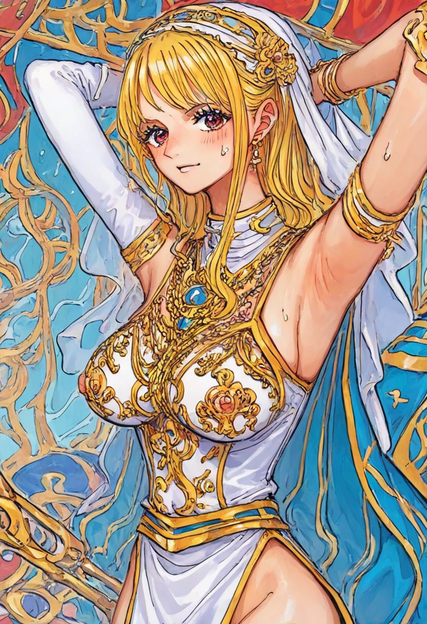 A beautiful blonde cleric, around 39 years old, with fair skin, holding a caduceus. She has small breasts and is portrayed as an RPG character in a medieval fantasy setting.