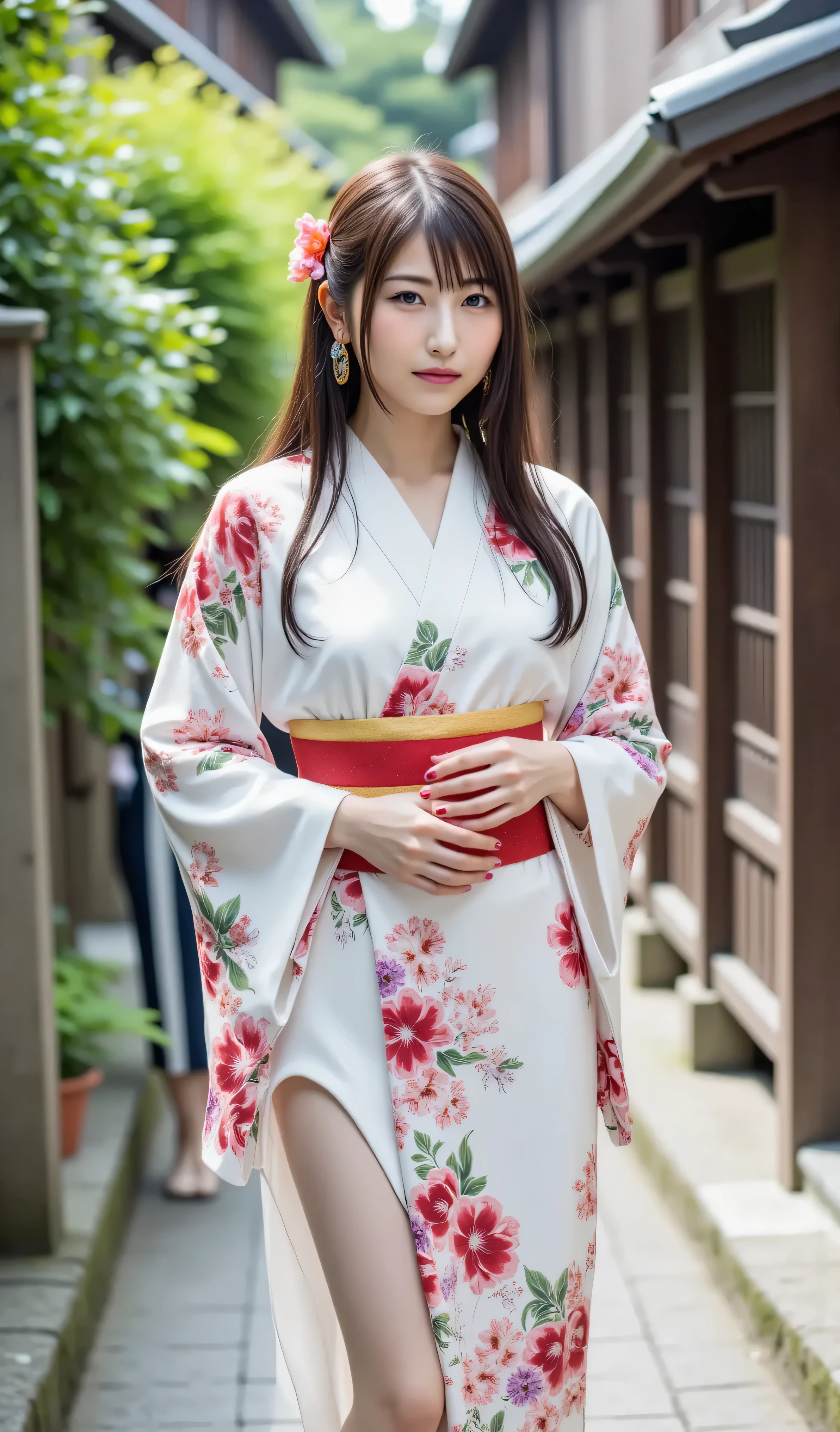 ((( Ultimate Masterpiece)))、(((top quality)))、(((Beauty Painting)))、Realistic Portraits、 8k、 Beautiful Woman:20 years old:accurate anatomy、 beautiful face、 beautiful hair、 Beautiful Eyes、 beautiful breasts:F cup、 beautiful body、 beautiful legs、((A kimono with beautiful colors and patterns、Footwear and clogs、Thighs are exposed from the hem of the kimono))、Kyoto city 、best hair and skin texture、 walk:model pose、Realistic 、 natural light、 high resolution image、A full-body image of a woman is shown、photorealistic、
