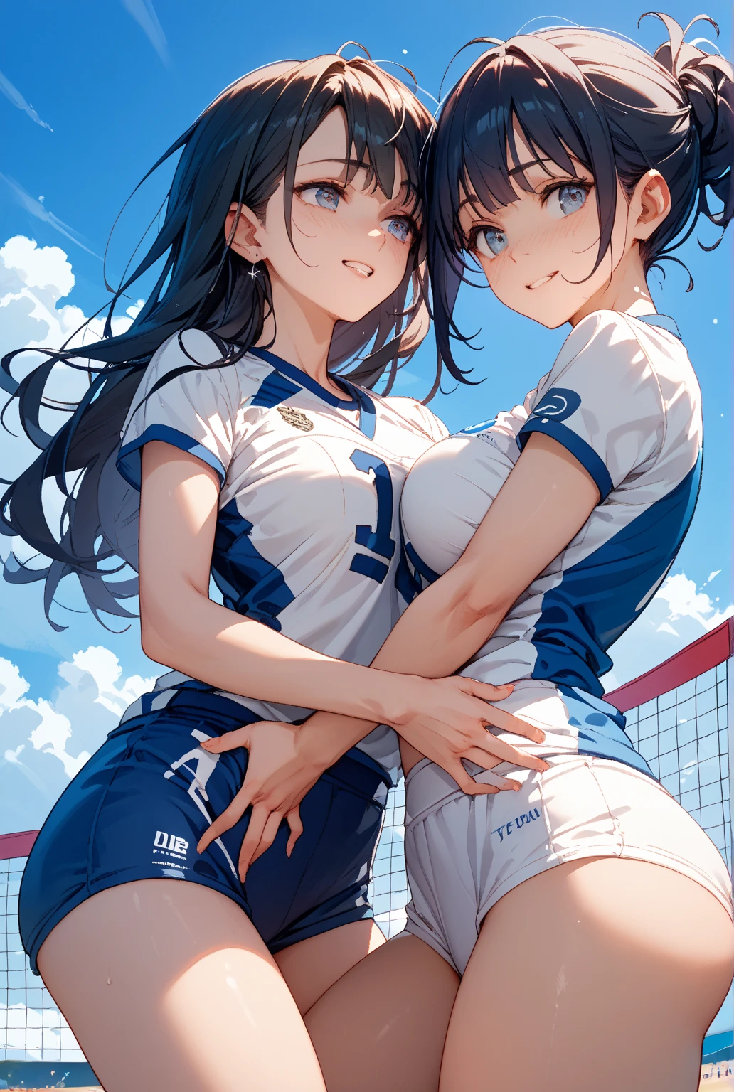 (2girls, Same height :1.2) ,Back view, Volleyball Uniforms, couple focus , japanaese girl , (Smile:0.7), Stand next to each other , Upper body, Beach,Looking back, Armpit, Realistic nipples, Realistic butt crack, Grinning smile, Very Shorthair , (High color saturation:1.0), (highlydetailed skin), (Best Quality:1.0), (超A high resolution:1.0) ,(photographrealistic:1.0), (ultra-detailliert:1.0), (8K, Raw photo:1.1)