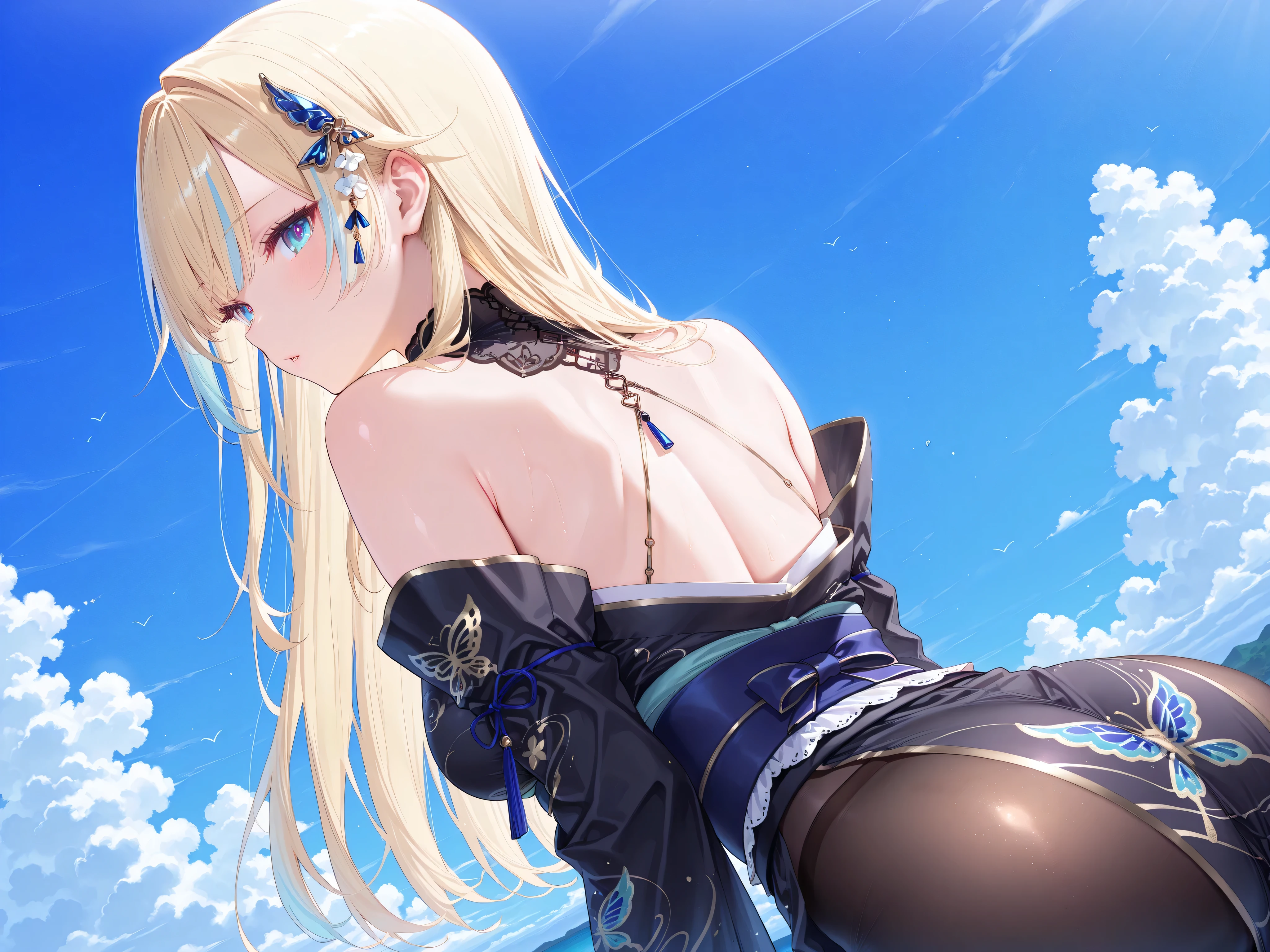 Masterpiece, high quality, high quality illustration, vast expanse of medieval cityscape, one girl, solo, (((( dress, V-neck, fluorescent luminescent lamé and see-through material produced, )))) long sleeves, long dress, delicate and super detailed embroidery, ((cute, super cute, incredibly ridiculous cuteness)) looking at you, ((blush)), raw girl ((from above)), shy pose,
