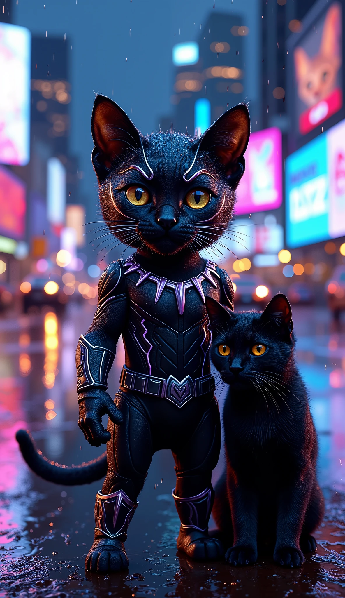 A hyper-realistic, ultra-HD image of an adorable cat wearing a perfectly tailored Black Panther suit — sleek matte black armor with silver tribal patterns, intricate Wakandan-inspired details, and glowing violet energy lines along the suit’s contours. The mask is designed to fit feline features, with small ear shapes and sharp silver eye outlines. The scene is set in a stunning, vibrant night city during light rain, with neon lights reflecting beautifully on wet streets. The background features glowing billboards, shimmering puddles, passing cars with blurred light trails, and towering skyscrapers bathed in vivid blues, purples, and pinks. Beside the Black Panther cat stands a sleek, glossy-furred black cat, its eyes glowing faintly in the rain, adding a mysterious yet adorable vibe. Raindrops glisten on both cats’ suits and fur, while cinematic lighting creates perfect highlights and depth of field. The overall mood blends epic superhero power with irresistible feline charm, rendered in ultra-detailed, photorealistic quality worthy of a movie poster,1 cat,