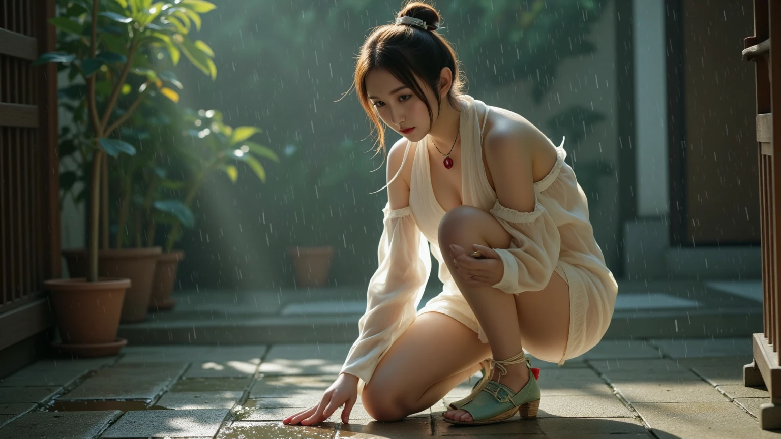 1 Garota de 18 anos  de perto,sitting with her hands on top of her feet ,(no banheiro) de baixo do chuveiro com vestido molhado e transparente, Looking at the camera startled ,8K Ultra realista