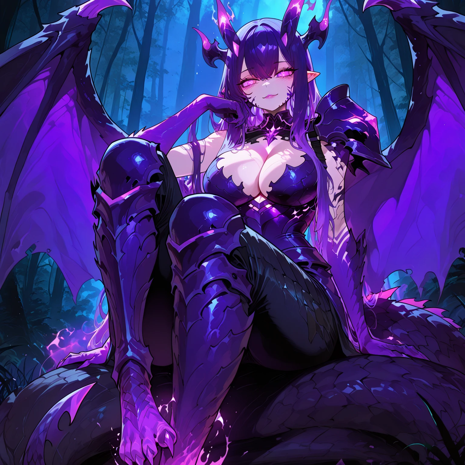 1girl,solo,super detailed skin,shiny skin,wet oily skin, expressionless, majestic wings,devil tail,demon skin, detailed eyes,eyelashes,lips gloss,double tooth,small claws,majestic horns ,large breasts,beautifully shaped breasts, demon body hair ,vibrant colors,straddling on floor ,knees apart,wide shot,masterpiece,best quality,ultra detailed,high resolution,sharp focus,depth of field,