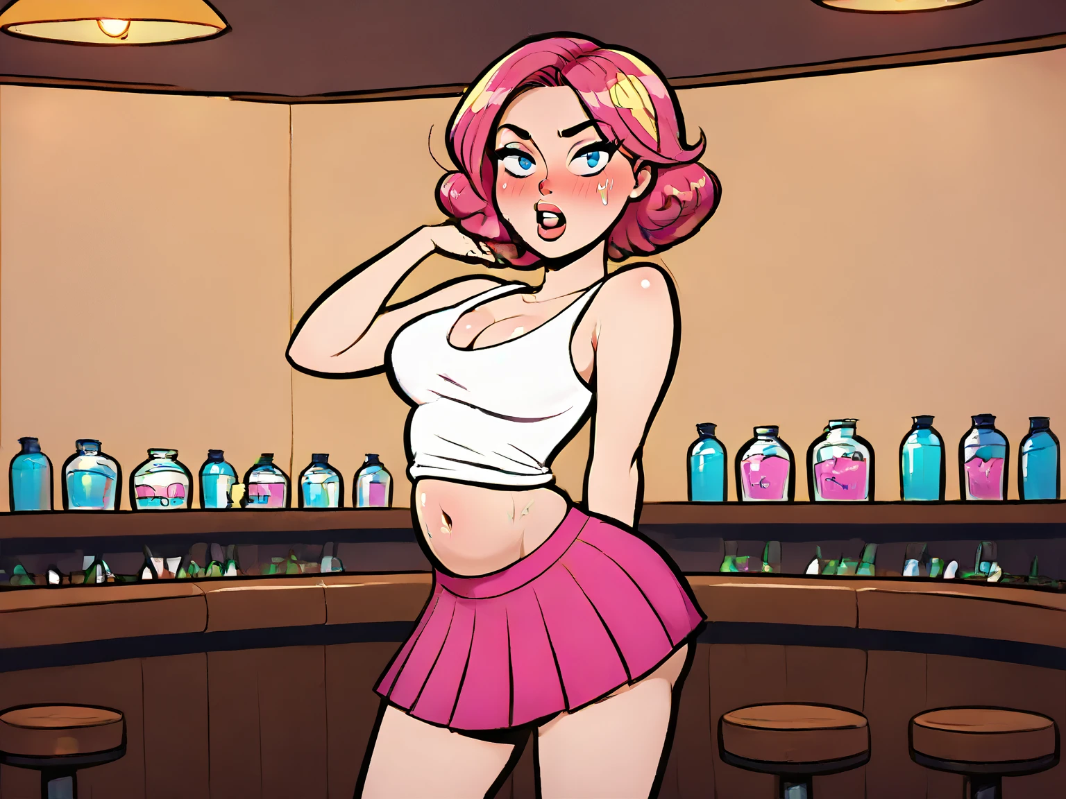 ahegao, adult woman, Adult with blue eyes, with blonde pigtails with big hair bows and a very tight pink club dress, huge, big black glasses, she has the (((Giant bare breasts, big nipples))) a lot neckline, very curved, high socks, curved.  slutty pink micro panties, pink atmosphere, pink atmosphere, bar, club, Pink aesthetics, Bows in the hair.  Photorealistic, ultra-high resolution, intricate, hyper-detailed, (pele teeth), cute, Female, [symmetrical:0.8], detailed body, (detailed face:1.1), (outlined iris), (marker lenses), (perfect eyes) , 4k, beautiful, (Artwork:1.2), (Best quality:1.2), :1.3