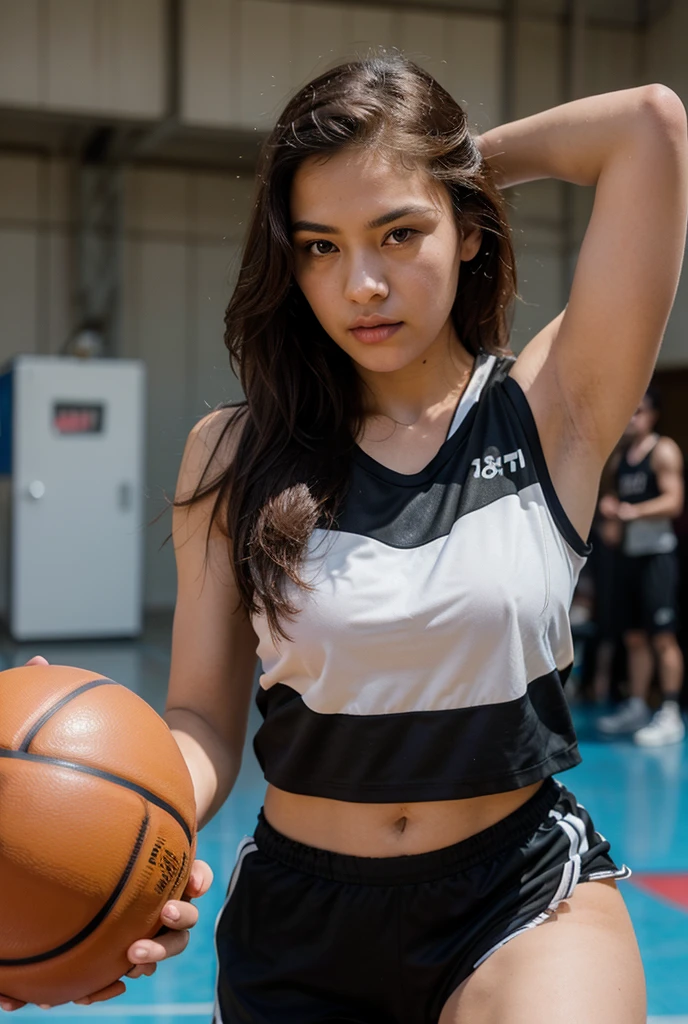 ((Best Quality, 8K, Masterpiece:)), Focus, realistic, A stunning high-resolution, vibrant photograph of 15 old young indonesian girl wear tanktop and mini shorts panties,surrounded by men, multiple men ,sexy aura, erotic mood, playing basketball, basketball,at outdoor basketball field,realistic photo, full body shot,The background is slightly blurred to keep the focus on her, creating a beautiful bokeh effect. soft sunlight filtering through