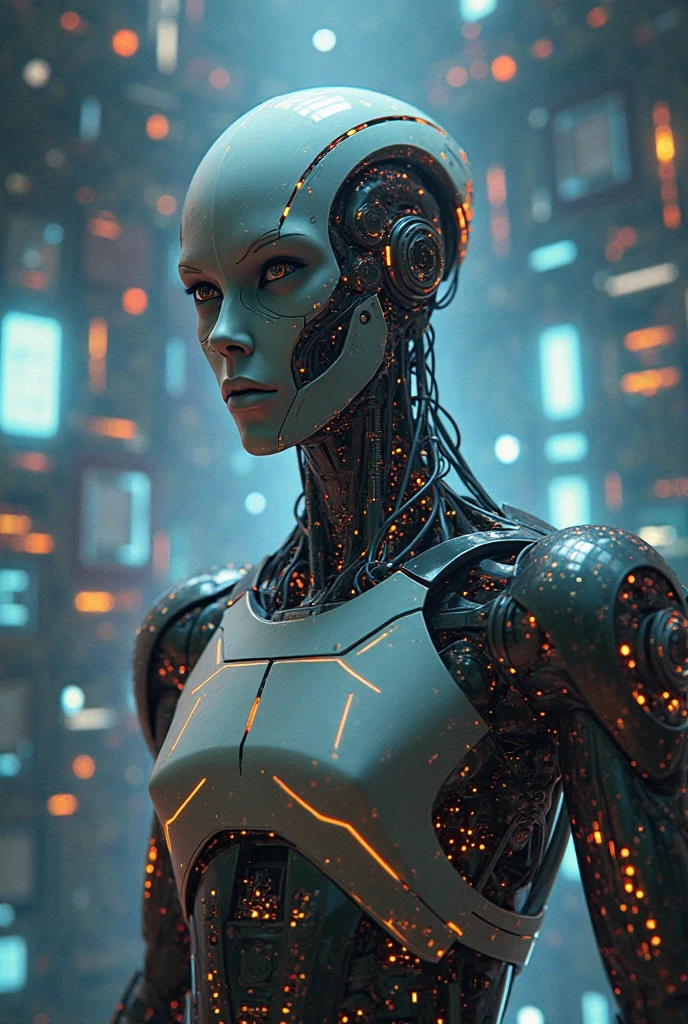 close-up, editorial photograph of a from side, standing(1 man cyborg:1.1), charging station technoir style screens, glowing, mechanical parts, screen, black theme, darksilver brown bronze translucent smoky acrylic theme <lora:Tech_Noir:1>, dieselpunk, background busy spaceship controlroom highly detailed face, background inside dark, moody, POV, by