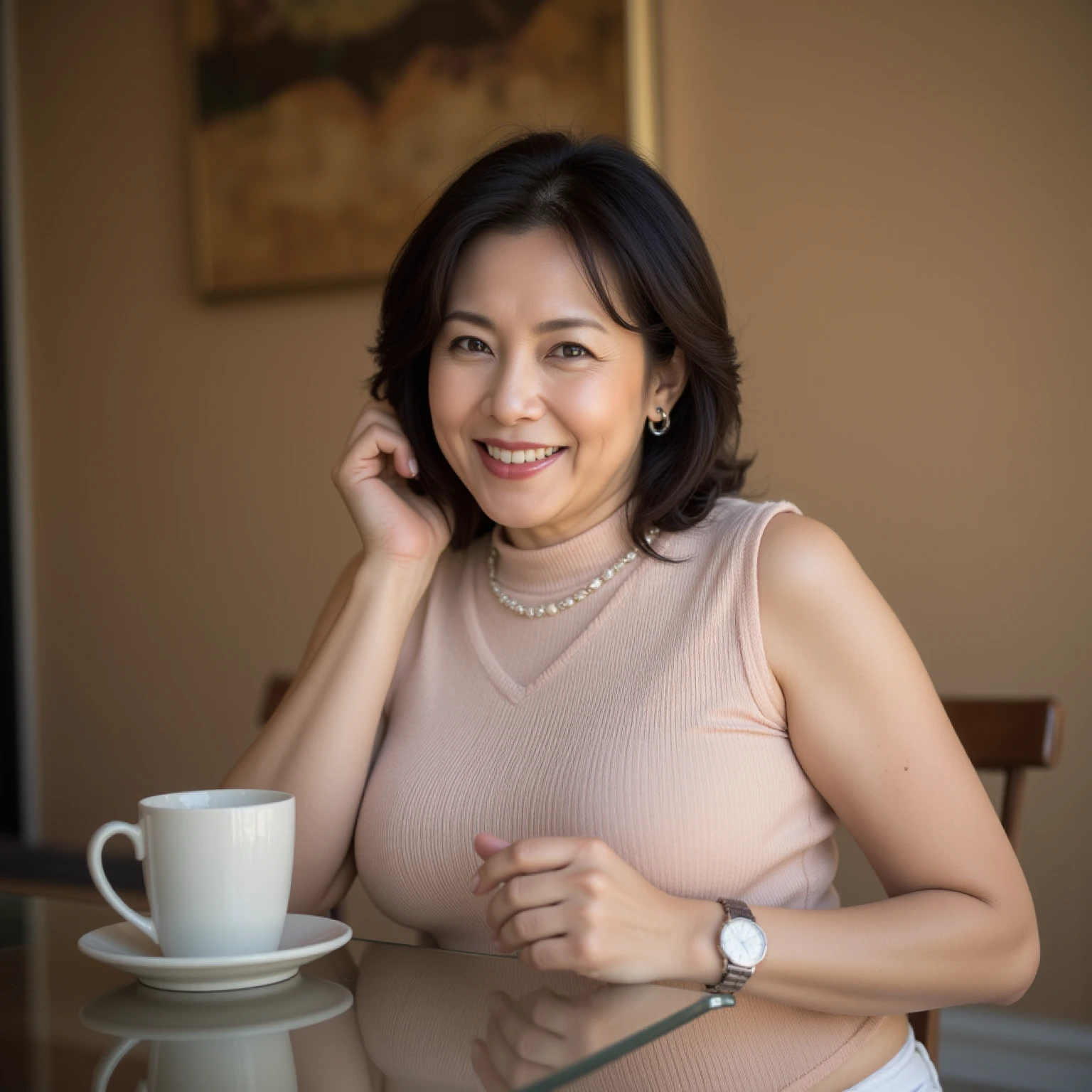 8k wallpaper, masterpiece, Highest quality, Super detailed, One Mature Woman, 50 years old, Become very clear, Wearing a short-sleeved knit, Skin dents, Captivating smile, Looking at the audience, Cleavage, plump, Curvaceous, Fascinating face, Smiling with teeth showing, I was happy, Sitting in a cafe, Background Blur