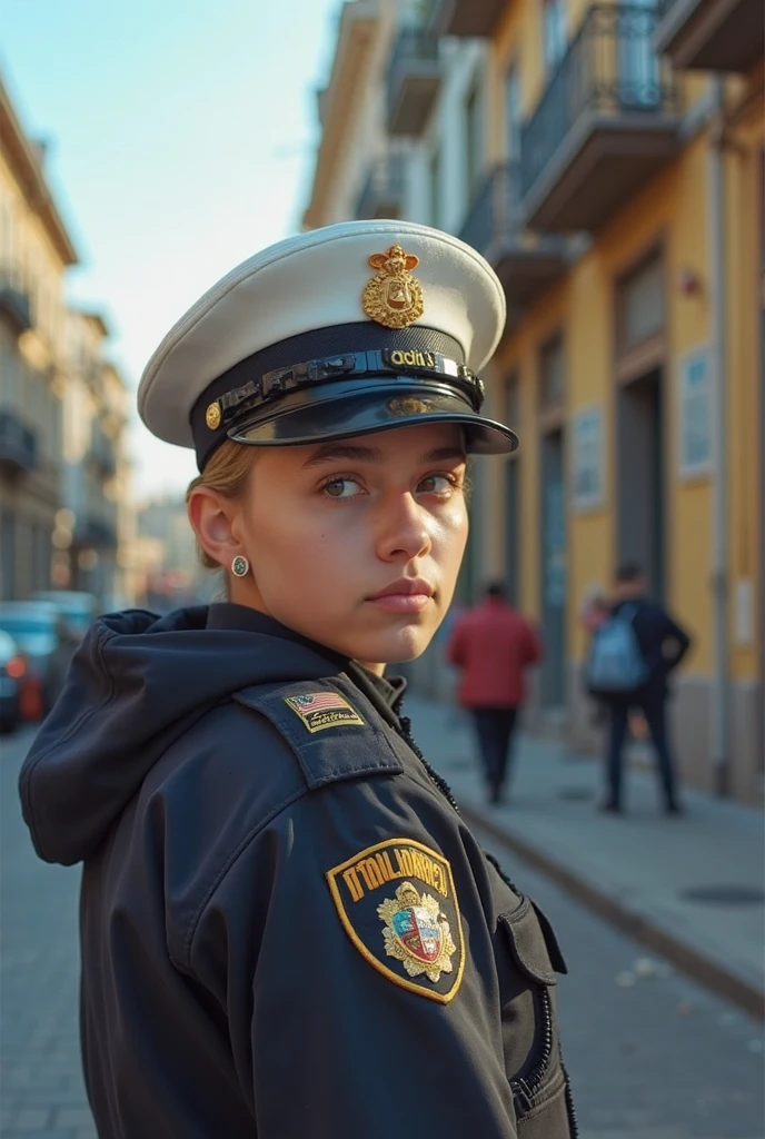 a beautiful picture of emma_watson, detailed skin texture,masterpiece, photorealistic, woman, 4k, light, RAW color photo,(fully in frame:1.1), (goosebumps:0.5), detailed face,subtle smile,wearing a police uniform,cap,city streets<lora:emma_watson:1>
