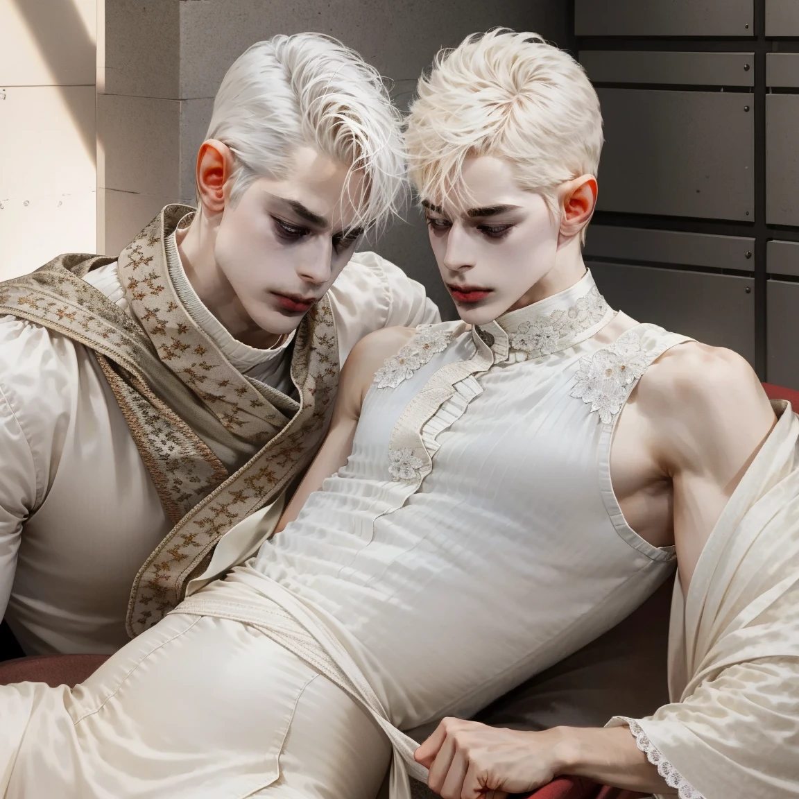 (masterpiece, hyperrealistic:1.35), (ageless beautiful slender androgynous male pharaoh, depraved breeder about to be castrated, groin pain, beautiful eyes, flat chest, male crotch bulge, soft belly, curvy hips:1.5)