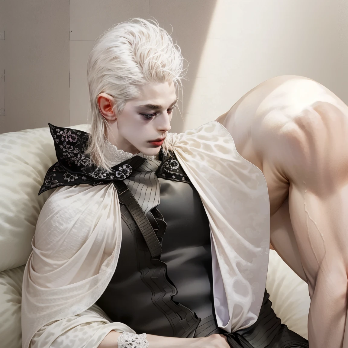(evil albino lathy androgynous male, Cockatrice King, thin neck, frail shoulders, weak arms, flat chest, soft belly, curvy hips, thick avian thighs, male crotch, massive buttocks, depraved homosexual, rapist, kidnapper, cradle robber, queer, his presumable prey castrates him)