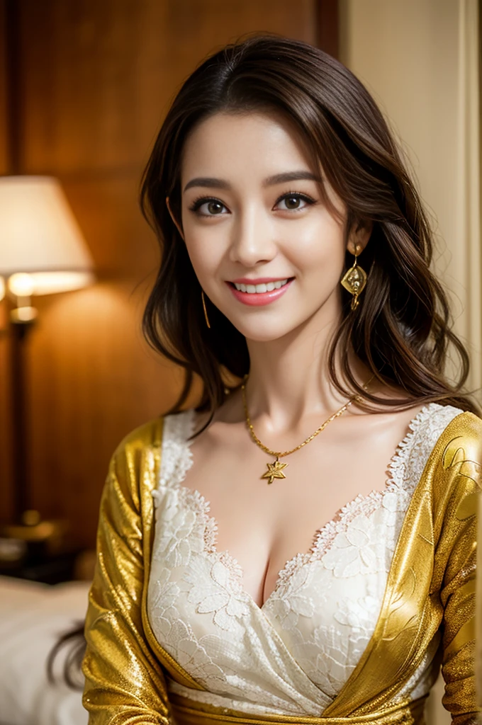 Ultra-high resolution, Better Quality, photo shoot, 4K, (Realistic:1.4) Freckle portrait photography , Big breasts super long brown hair, brown eyes,Wearing Big floral mini dress,shy smile,((Gorgeous necklace＿Large earrings:1.2)),Place your left hand gently on your chin、In a crowded café at dusk