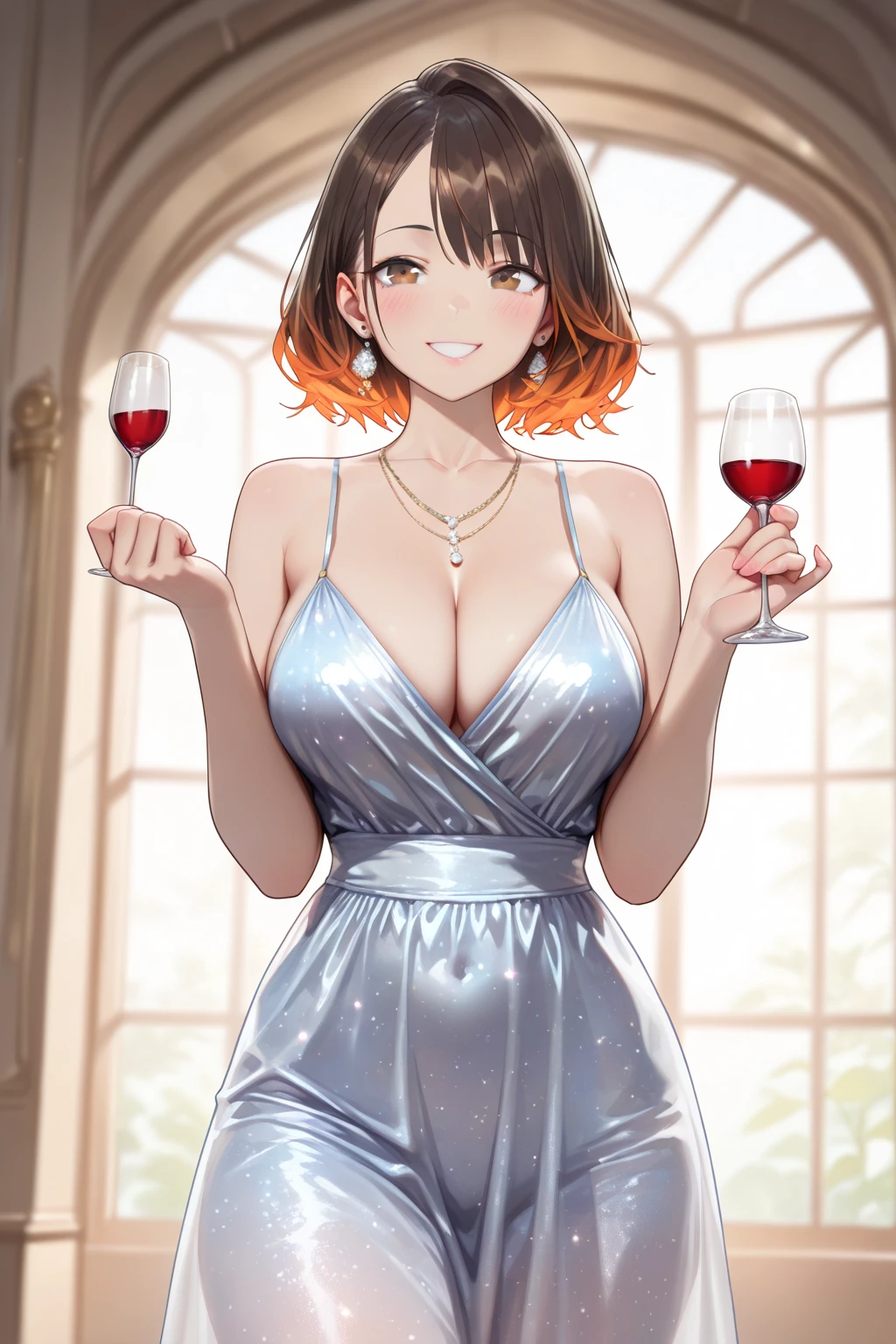 score_9, score_8_up, score_7_up, source_anime, 1girl, parted lips, looking at viewer, <lora:MiriamBS-pdxl:1> miriamBS, short hair, hair ornament, horns, cleavage, breast tattoo, evening gown, side slit, indoors, holding champagne glass